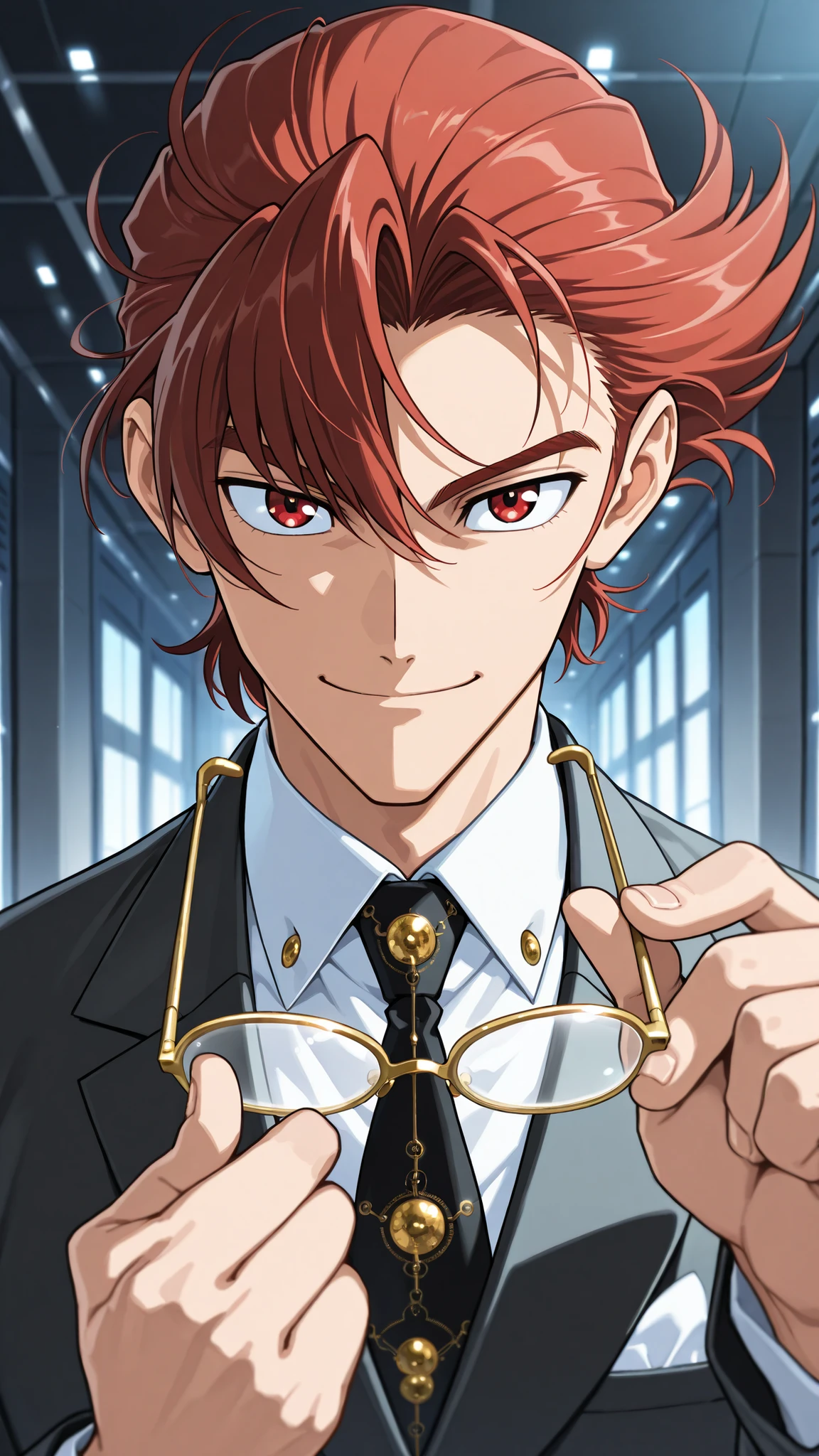 Gold-rimmed glasses ,dandy,Suit,, male,1man,is cool,Smile Yan,,Dramatic,anime,safe content(masterpiece, 最High Quality, High Quality, detailed background, complicated details,complicated,super high resolution, so beautiful ,Newest:1.2)