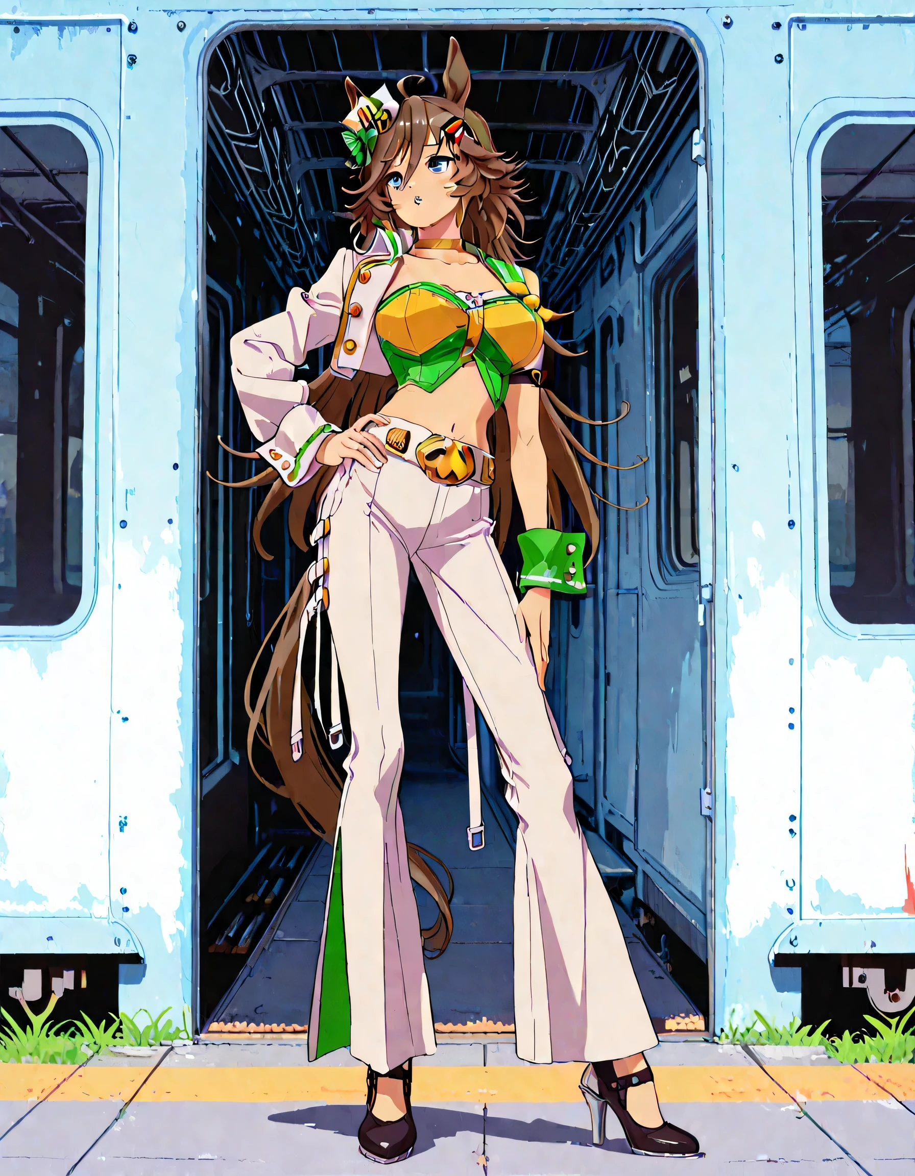 masterpiece masterpiece, ultra-HD, impressionism, high detail, best quality, very aesthetic, 8k, best quality, beautiful, anime coloring , mr. c.b. (umamusume), solo , big , strapless shirt, white tight pants , high-waisted and flared pants , midriff, single sleeve, navel, white jacket, long sleeves, green shirt, collarbone, , yellow choker, parted lips, open jacket, crop top, parted lips, wrist cuffs, high heels, arm belt , long legs , hand on hip , standing , full body , railway background