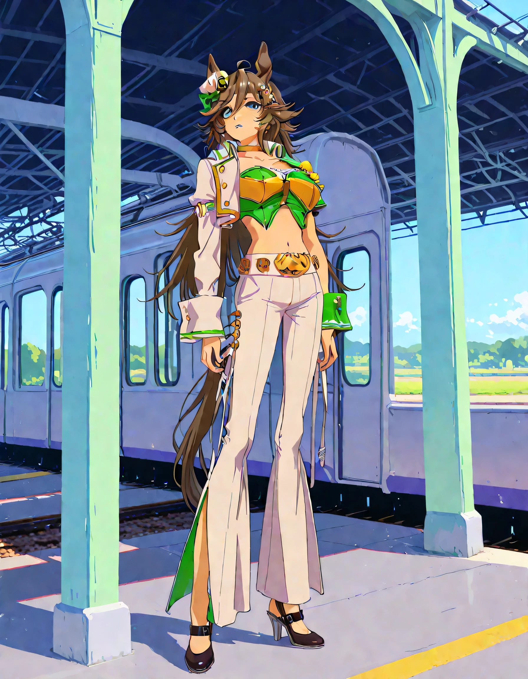 masterpiece masterpiece, ultra-HD, impressionism, high detail, best quality, very aesthetic, 8k, best quality, beautiful, anime coloring , mr. c.b. (umamusume), solo , big , strapless shirt, white tight pants , high-waisted and flared pants , midriff, single sleeve, navel, white jacket, long sleeves, green shirt, collarbone, , yellow choker, parted lips, open jacket, crop top, parted lips, wrist cuffs, high heels, arm belt , long legs , standing with limbs aparts , full body , railway background