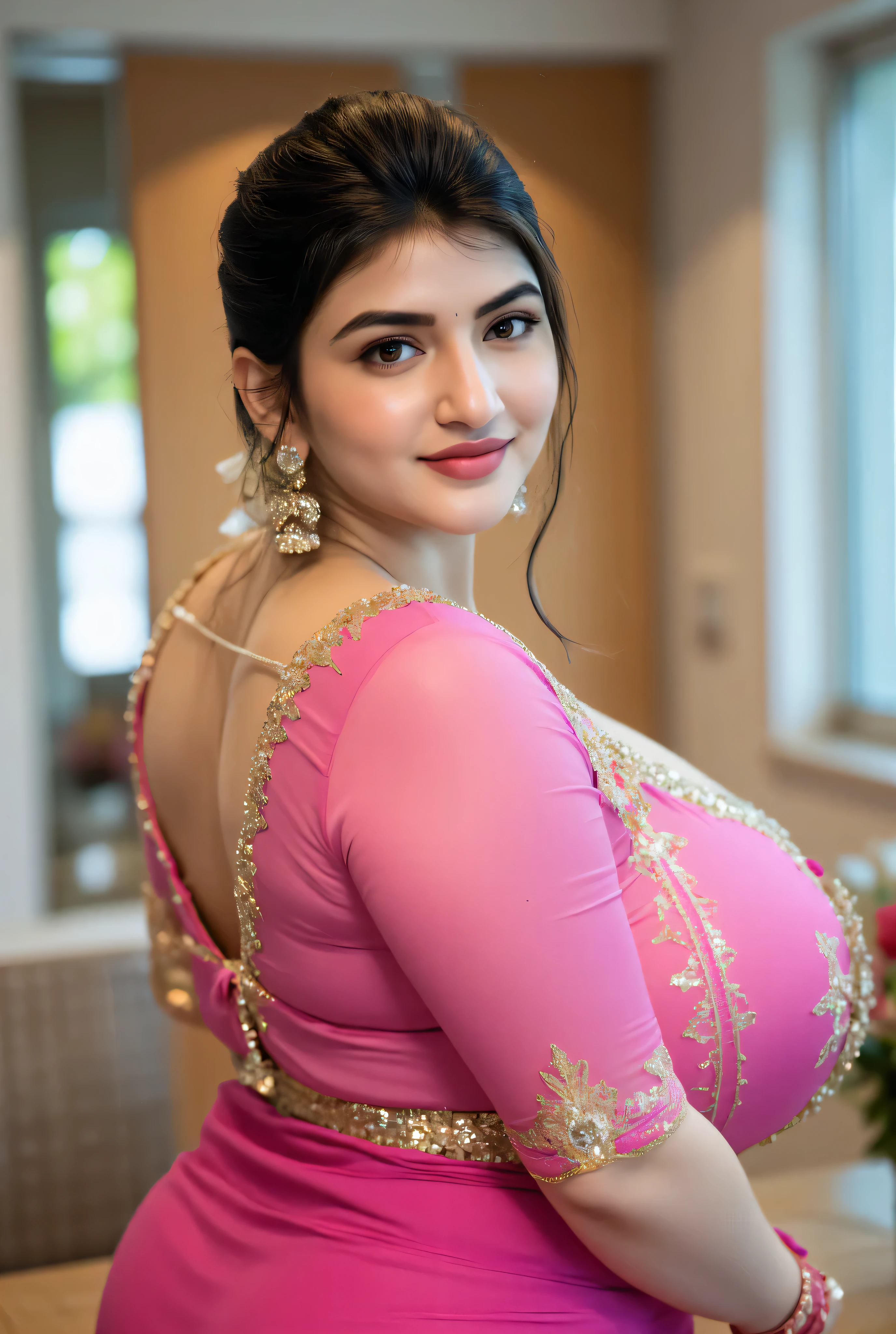 1girl, Solo, Large breasts, full body,clevage,front view,pink saree standing position,curvy body,body facing to camera and face smile