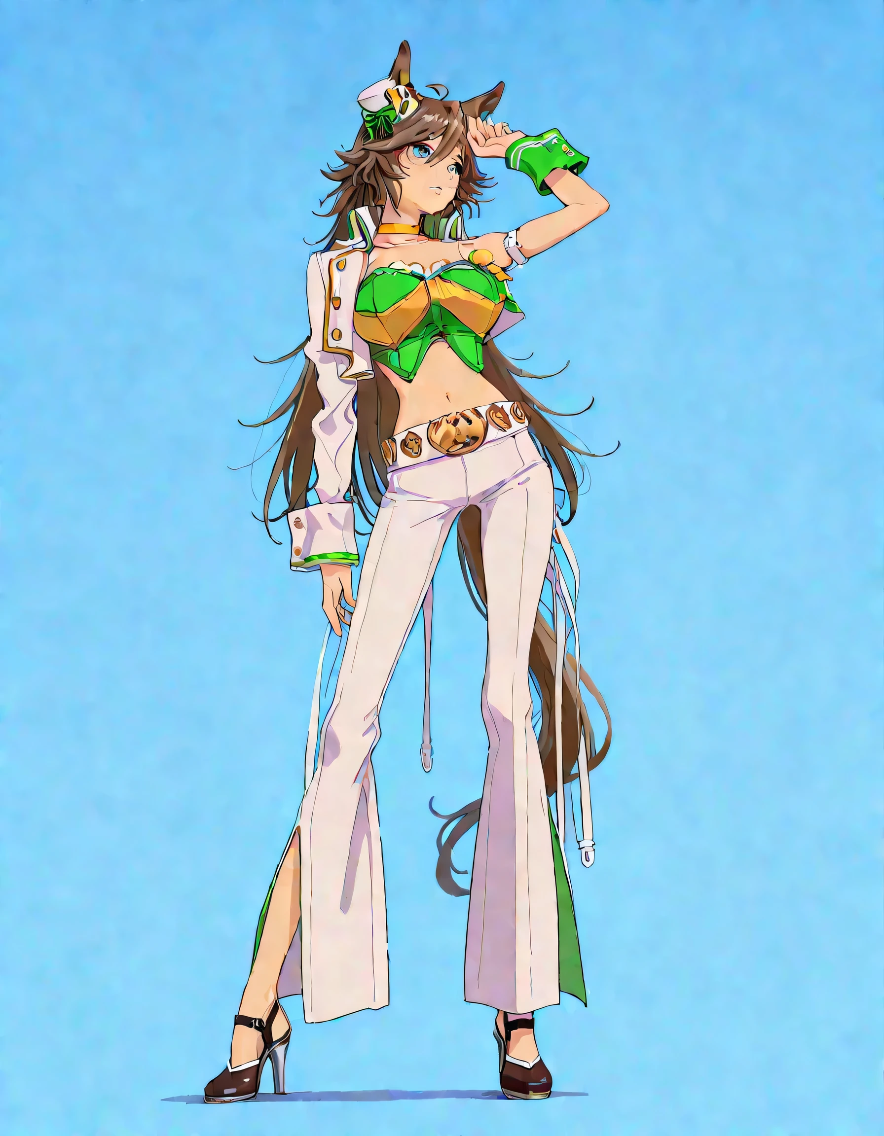 masterpiece masterpiece, ultra-HD, impressionism, high detail, best quality, very aesthetic, 8k, best quality, beautiful, anime coloring , mr. c.b. (umamusume), solo , big , strapless shirt, white tight pants , high-waisted and flared pants , midriff, single sleeve, navel, white jacket, long sleeves, green shirt, collarbone, , yellow choker, parted lips, open jacket, crop top, parted lips, wrist cuffs, high heels, arm belt , long legs , standing with limbs aparts , full body , blue background