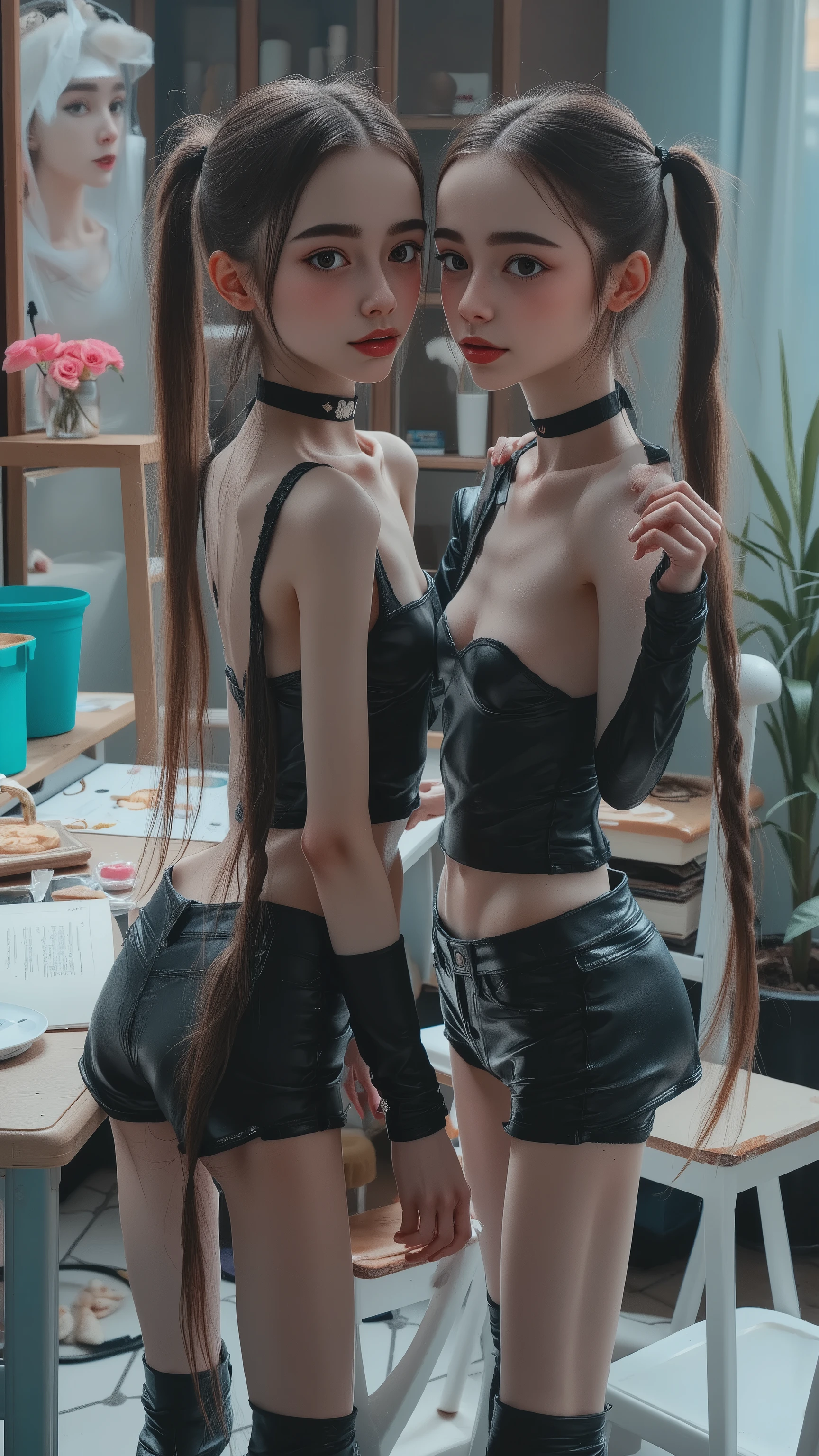 twins sisters small tiny very young prepubescent braidded thinspo thai girl + anorexic buttocks + very long braidded pony tail + Very long hair + hair reaching knee + huge thigh gap + plump lips + skinny + leather choker + tiny leather tube top + super tight leather pants + showing face + having huge orgasm + nursery school + seen from behind + classroom + kissing
