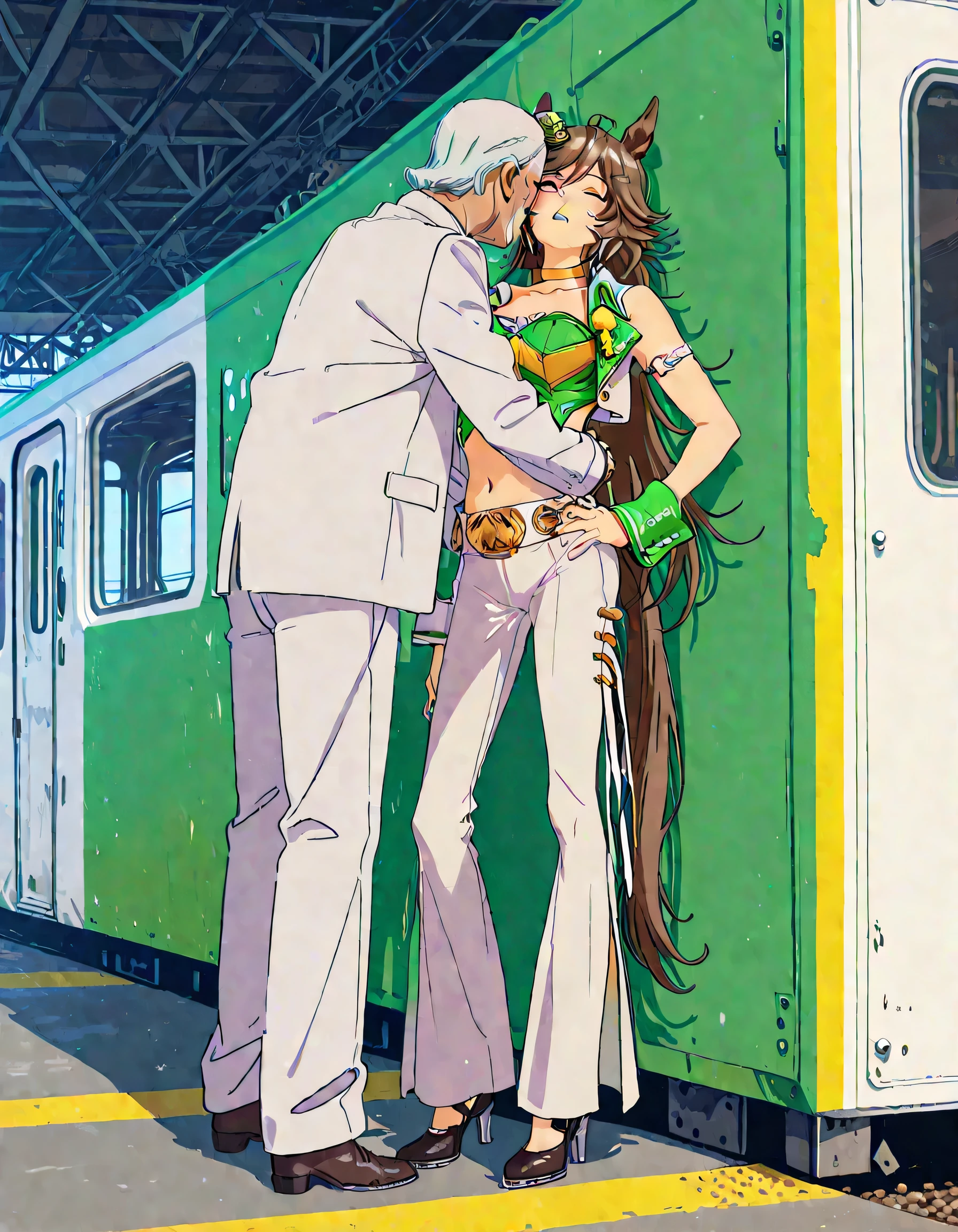 masterpiece masterpiece, ultra-HD, impressionism, high detail, best quality, very aesthetic, 8k, best quality, beautiful, anime coloring , 1 man , old man , suit uniform , grabbing her throat , hug , face to face , mr. c.b. (umamusume), solo , big , strapless shirt, white skin tight pants , high-waisted and flared pants , midriff, single sleeve, navel, white jacket, long sleeves, green shirt, collarbone, , yellow choker, parted lips, open jacket, crop top, parted lips, wrist cuffs, high heels, arm belt , long legs , hand on hip , standing , full body , railway background