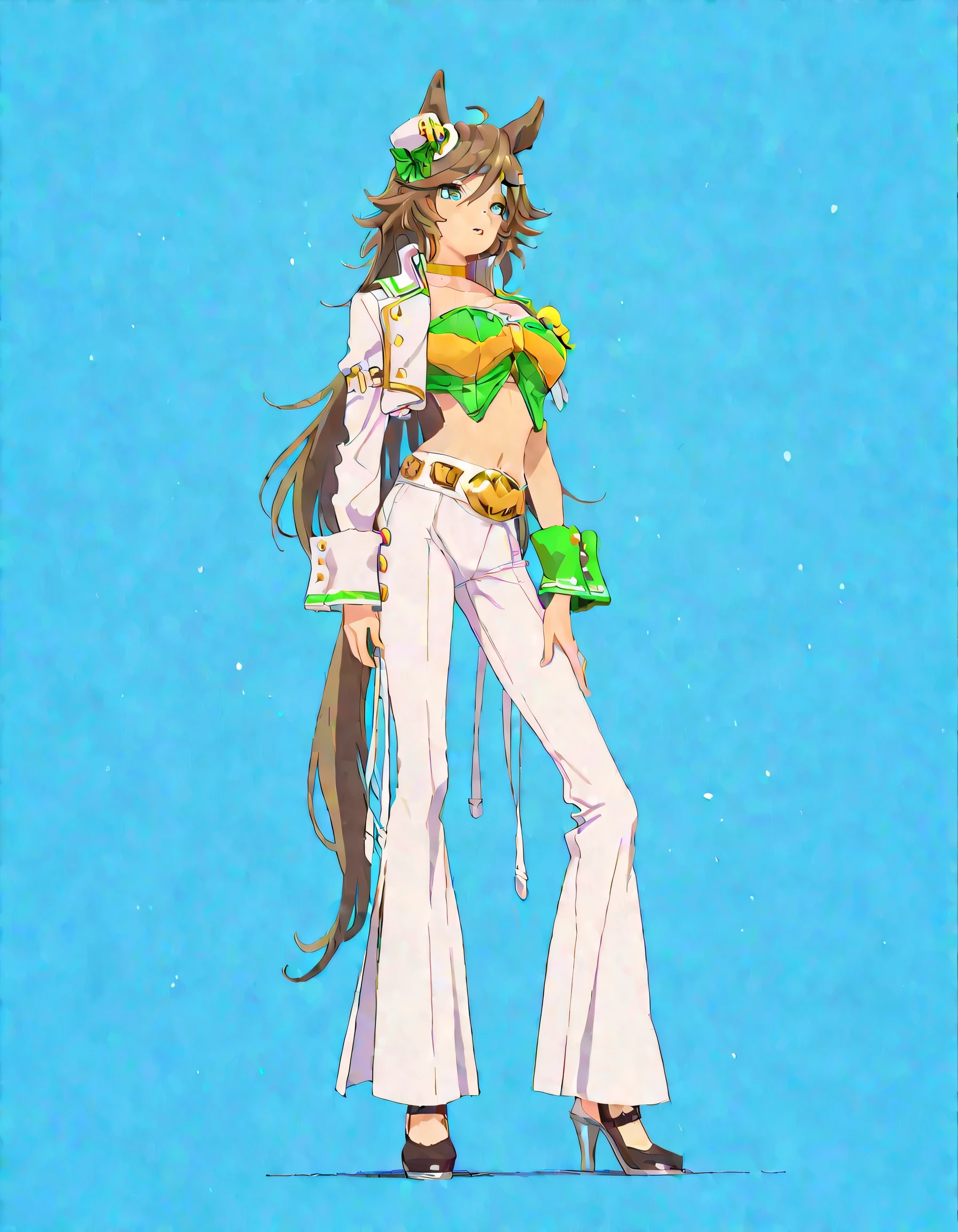 masterpiece masterpiece, ultra-HD, impressionism, high detail, best quality, very aesthetic, 8k, best quality, beautiful, anime coloring , mr. c.b. (umamusume),  solo , brown hair , blue eyes , big  , strapless shirt, white tight pants , high-waisted and flared pants , midriff, single sleeve, navel, white jacket, long sleeves, green shirt, collarbone, , yellow choker, parted lips, open jacket, crop top, parted lips, wrist cuffs, high heels, arm belt , long legs , standing with limbs aparts , full body , blue background 