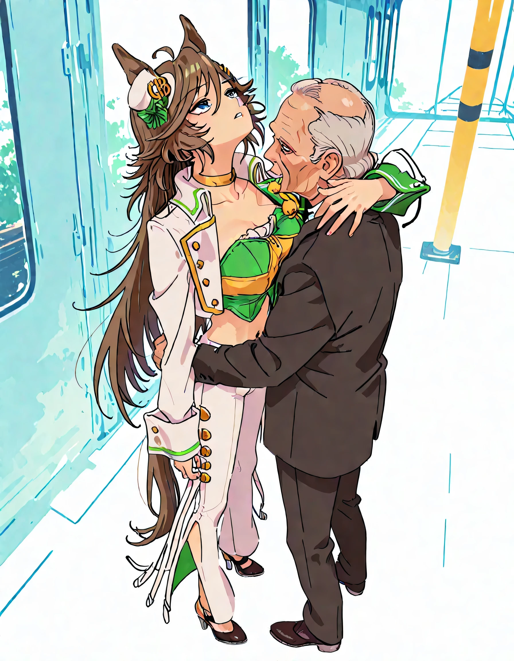masterpiece masterpiece, ultra-HD, impressionism, high detail, best quality, very aesthetic, 8k, best quality, beautiful, anime coloring , 1 man , old man , black suit uniform , grabbing her throat , hug , face to face , mr. c.b. (umamusume), solo , brown hair , blue eyes , big , strapless shirt, white tight pants , high-waisted and flared pants , midriff, single sleeve, navel, white jacket, long sleeves, green shirt, collarbone, , yellow choker, parted lips, open jacket, crop top, parted lips, wrist cuffs, high heels, arm belt , long legs , standing with limbs aparts , full body , railway background , from above