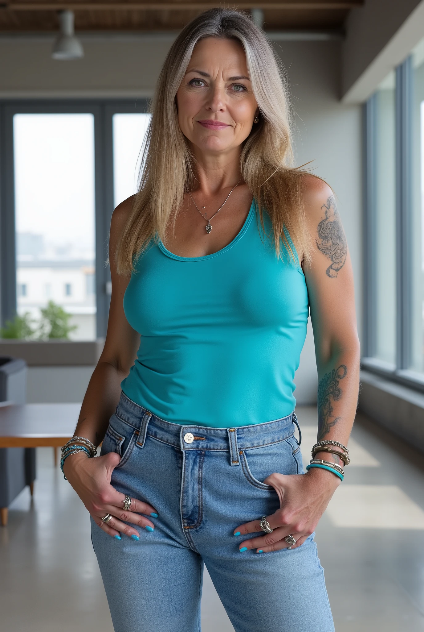 Ultra-realistic full-body portrait of a mature European woman in her late 50s, standing confidently in a bright modern loft with wide glass windows and soft natural daylight. She has a naturally mature, slightly more curvy and stout body — soft, full curves around the hips, thighs, waist, and upper arms, with realistic proportions typical for her age. Her posture is dynamic and poised, with a subtle twist of her torso toward the camera, one leg slightly forward, and one hand resting lightly at her hip while the other arm falls naturally at her side, creating an elegant S-curve that emphasizes her curves. The slightly low three-quarter angle adds depth and highlights her hips and thighs, while drawing attention to the fit of her light-washed jeans. Her straight, pin-straight side-parted long blonde hair falls just past her shoulders with visible grey strands. She wears a turquoise sleeveless tank top tucked into her jeans, showing small tasteful tattoos on her arms. Subtle, stylish makeup with eyeliner, mascara, and glossy lipstick emphasizes her eyes and lips. She accessorizes with multiple bracelets, layered necklaces, several rings, and long fingernails neatly manicured and painted glossy blue. Her expression is stern, serious, and commanding, with a focused, authoritative gaze. The scene has cinematic clarity, realistic depth of field, soft natural lighting, and professional daylight color grading, highlighting natural textures, her curvy silhouette, and creating a more intriguing, dynamic composition.