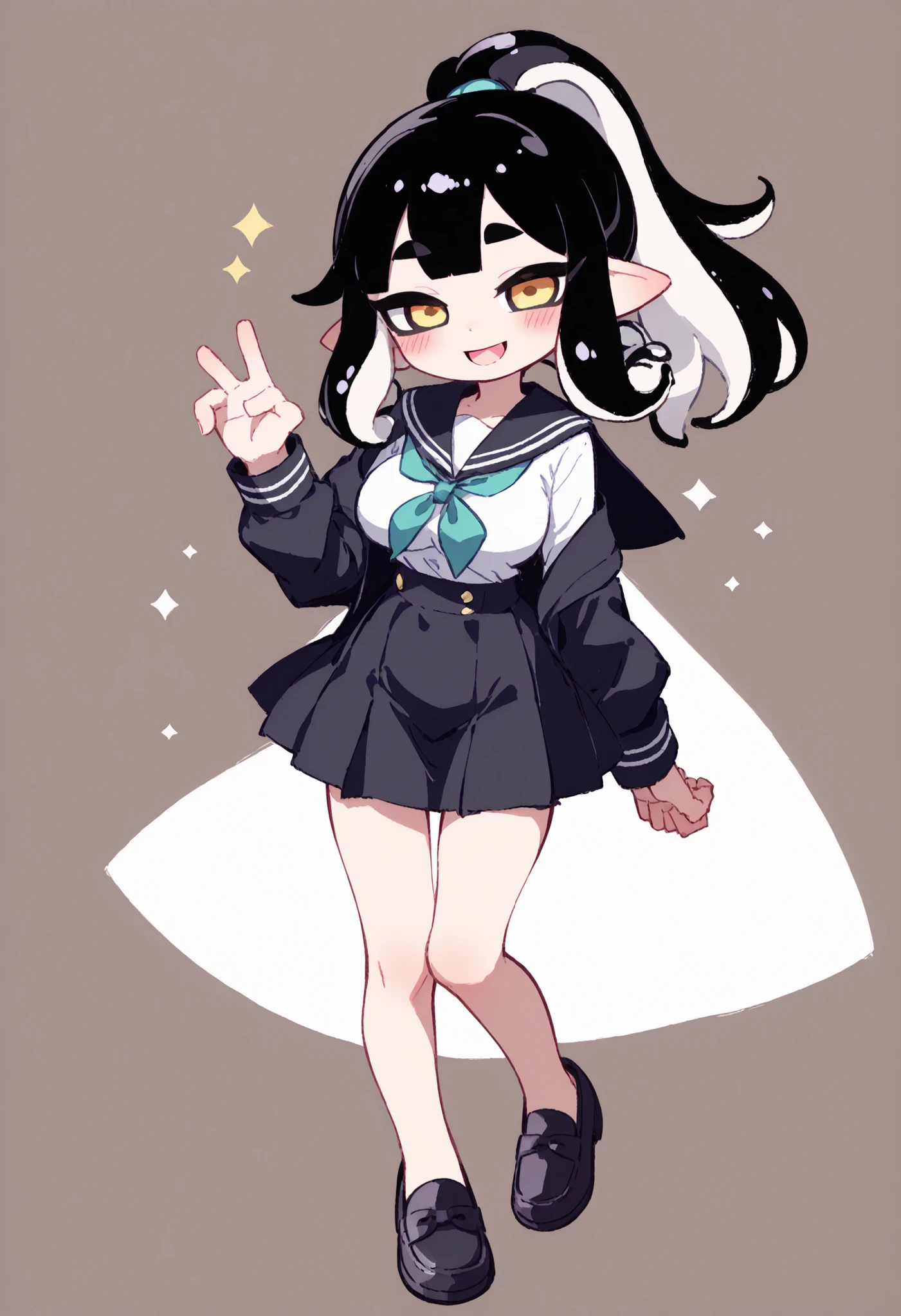 nsfw、masterpiece、high resolution、Highest Quality、Slightly strong contrast、Realistic、deformed、1 Cute Splatoon Girl、Inkling、Full Body、detailed face、beautiful faces、Big, Cute Eyes、beautiful eyes、Black Sclera、golden eyes、long lashes、plump lips、Rouge、Blush、Slightly Open Smile、long tentacle hair 、gold and black hair 、Ponytail、very big breasts、cleavage:2.5、Open Front Clothes、sailor suit、露出の多いミニsailor suitの服、Exposing Clothes、thin waist、buttock、Low Rise Micro Mini Skirt、cute dynamic Chuck Pose、✌️、sexy、thick bottom loafers、splatofficial