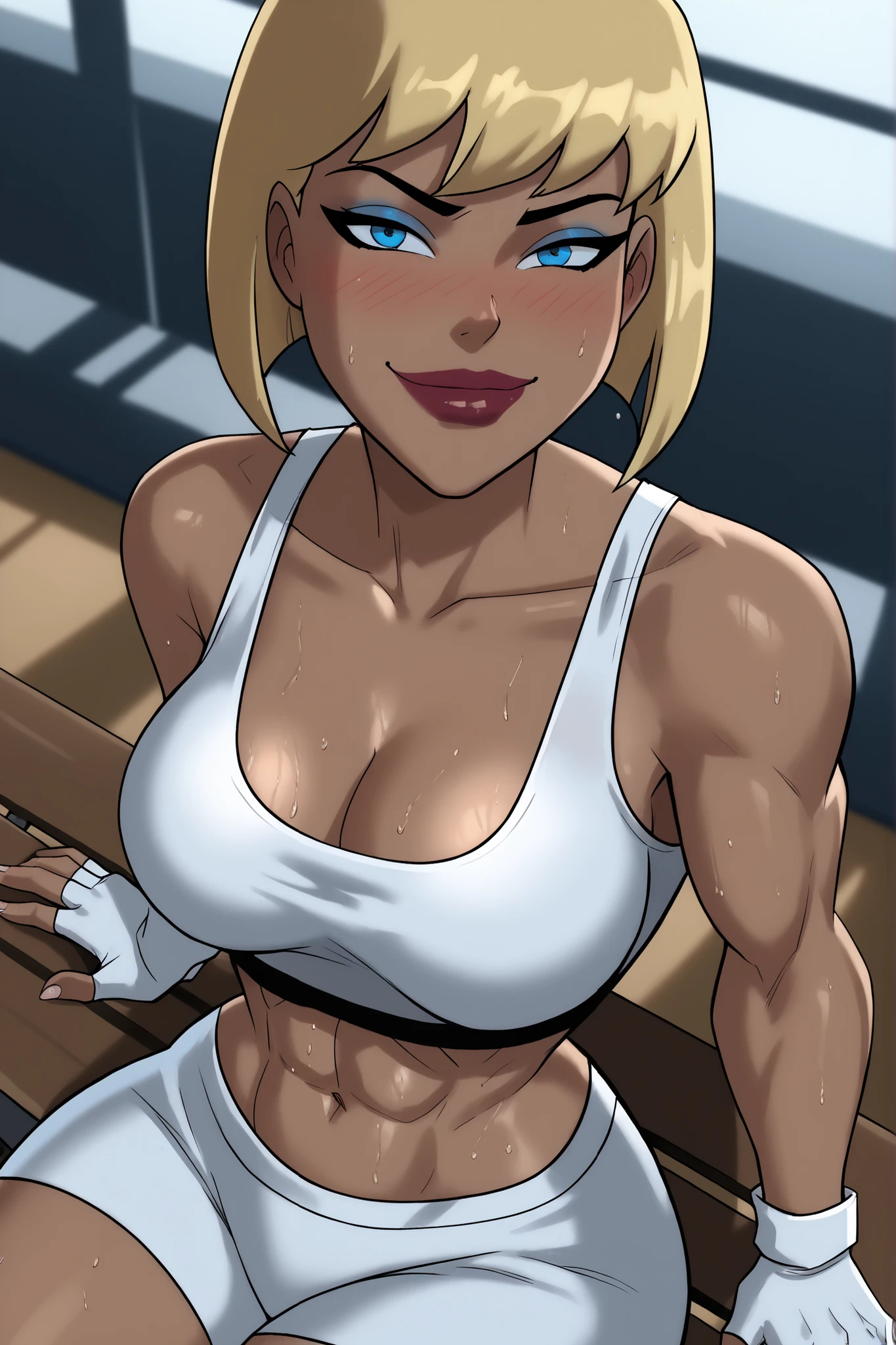 BREAK, score_6_up, score_7_up, score_8_up, score_9, g4l4t3a, 1girl, solo, short hair, bangs, blue eyes, blonde hair, lipstick, makeup, dark skin, dark-skinned female, large breasts, busty, cleavage, curvy, athletic, muscular female, looking at viewer, seducing viewer, teasing viewer, seductive expression, smiling, closed mouth, bedroom eyes, white sports bra, white gym shorts, white fingerless gloves, indoors, gym, sitting on bench, closeup, portrait, upper body, high-angle view, blue eyeshadow, sweaty, sweat drops, blushing 