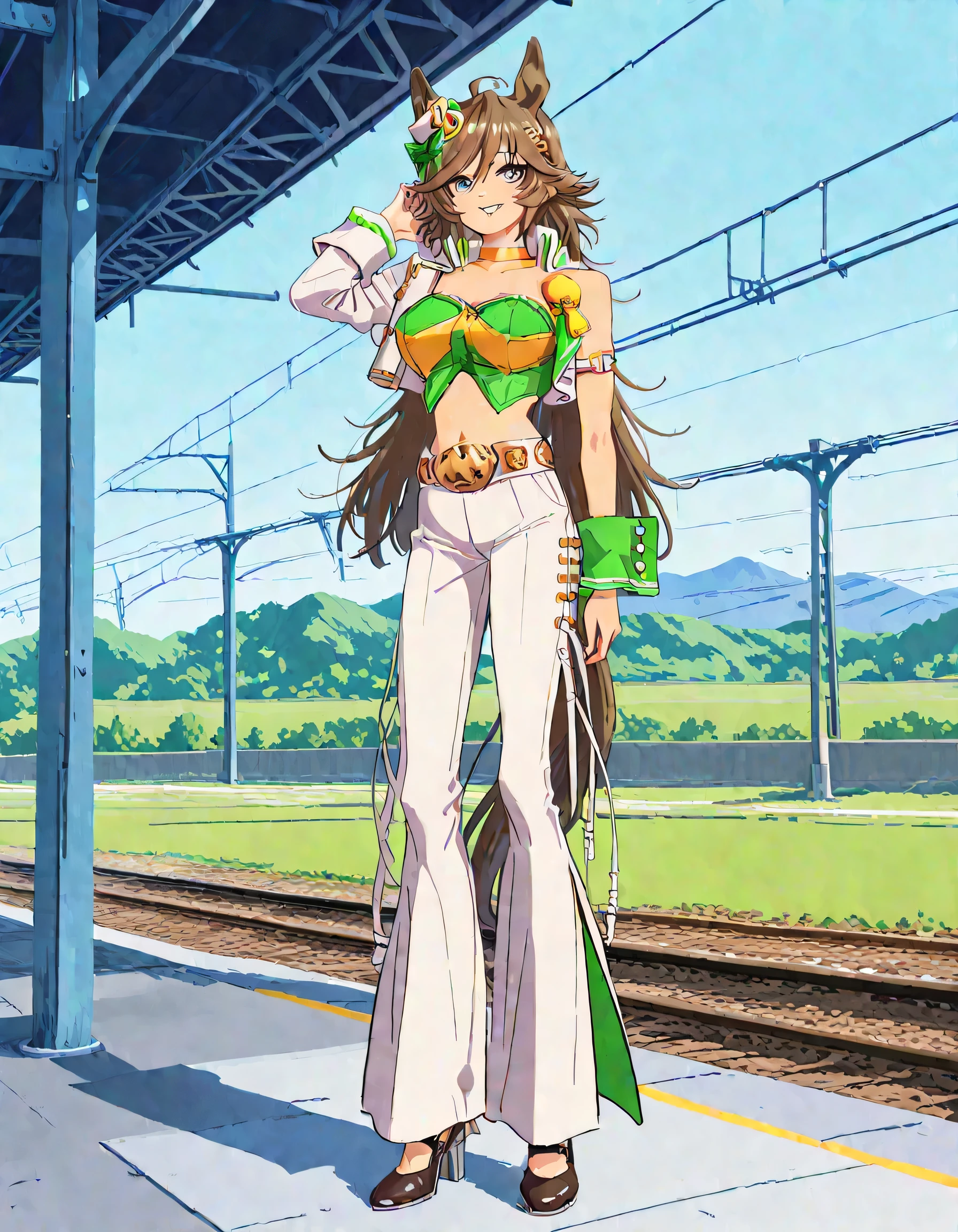 masterpiece masterpiece, ultra-HD, impressionism, high detail, best quality, very aesthetic, 8k, best quality, beautiful, anime coloring , mr. c.b. (umamusume), solo , brown hair , blue eyes , big  , strapless shirt, white tight pants , high-waisted and flared pants , midriff, single sleeve, navel, white jacket, long sleeves, green shirt, collarbone, , yellow choker, parted lips, smile , look at viewers , open jacket, crop top, parted lips, wrist cuffs, high heels, arm belt , long legs , standing with limbs aparts , full body , railway background 