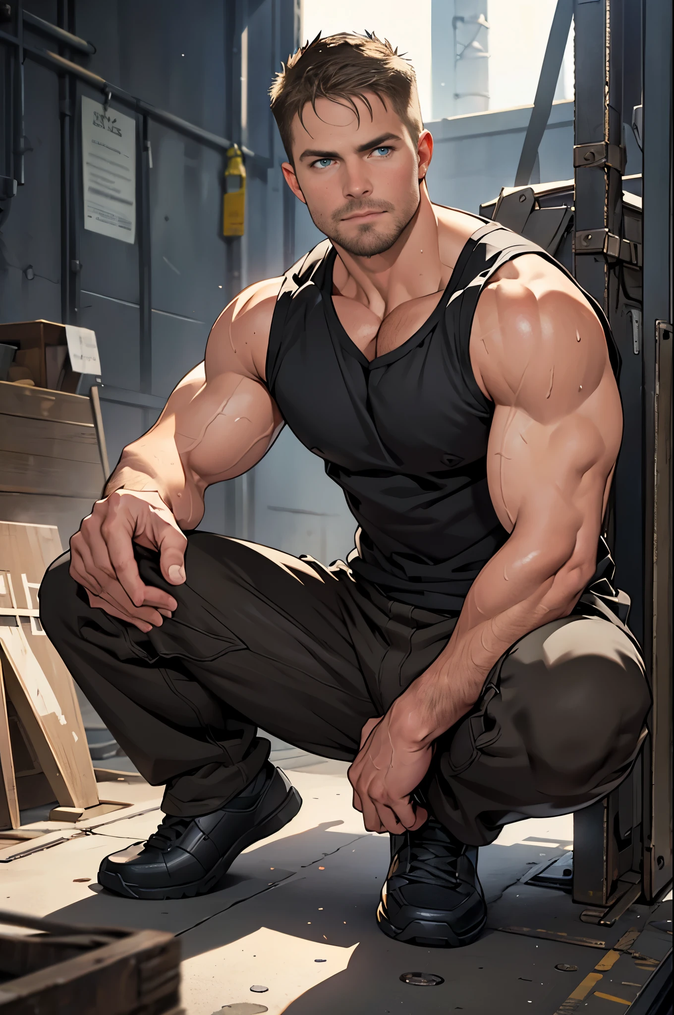 masterpiece, best quality face, perfect anatomy , respectful attitude , confident expression, natural eyes,mature man, muscled and mature, stephen amell as a mechanic , sweating,, full body view