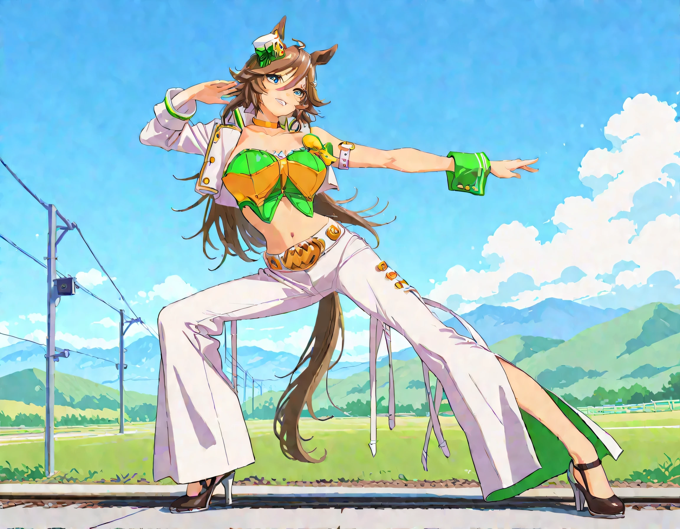 masterpiece masterpiece, ultra-HD, impressionism, high detail, best quality, very aesthetic, 8k, best quality, beautiful, anime coloring , mr. c.b. (umamusume), solo , brown hair , blue eyes , big  , strapless shirt, white tight pants , high-waisted and flared pants , midriff, single sleeve, navel, white jacket, long sleeves, green shirt, collarbone, , yellow choker, parted lips, smile , look at viewers , open jacket, crop top, parted lips, wrist cuffs, high heels, arm belt , long legs , dancing stance , standing , open  thighs , full body , railway background 