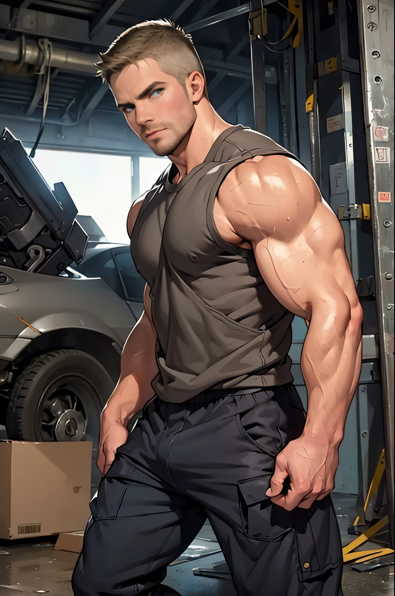 masterpiece, best quality face, perfect anatomy , respectful attitude , confident expression, natural eyes,mature man, muscled and mature, stephen amell as a mechanic , sweating,, full body view