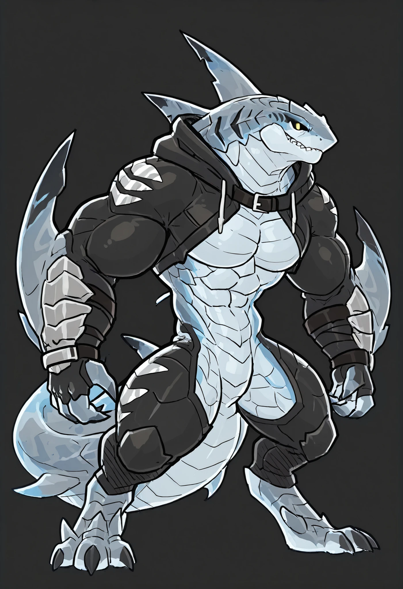 sharkman, anthro kohalasaurus, darker hands and fins, black back, solo, big arms, bara, bulky, detailed skin, lizard shark hybrid, anthro, closed mouth, detailed scalie skin, scalie arms, fins on arms, gray color body, beefy, thick scales on arms, digitigrade legs, proporcional body, mercenary pants, one big dorsal fin, wearing open hoodie revealing torso, wide , trapezoid body type, marked jaw, 4 toes, thick shark tail, shark species, dorsal fin, sharp teeth, muscular build, best quality, sketch, ultra-detailed, by laobai, by honovy, by Riolutiny, detailed illustration of 4K horror, standing ready to fight