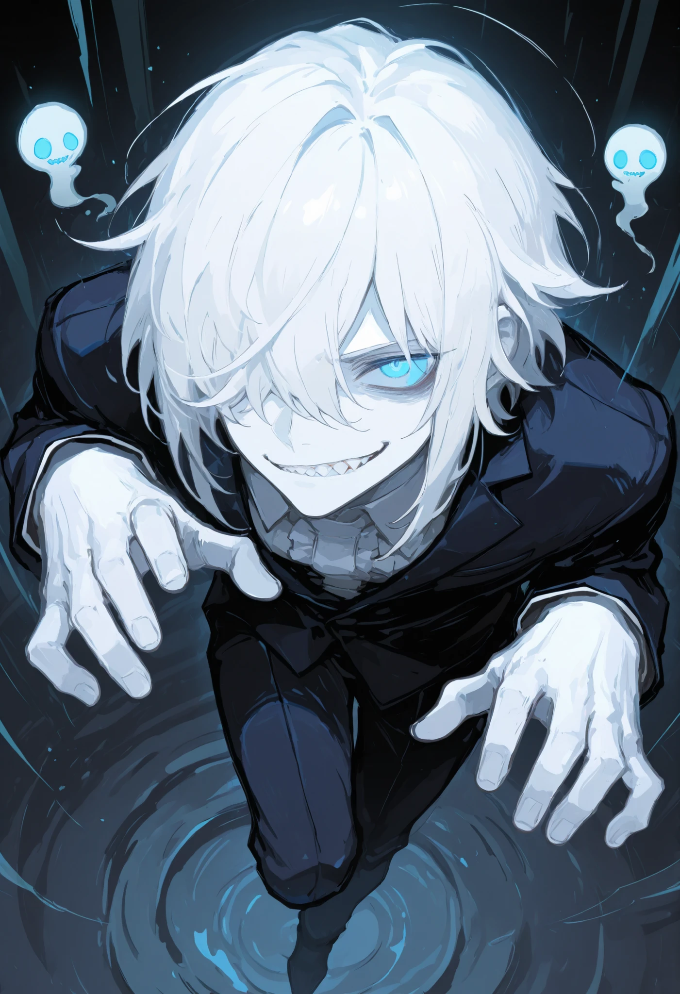 masterpiece, best quality, horsesoul, solo, 1boy, solo, man, ghost, ghostly, transparent, short white hair, hair over one eye, blue eyes, pale skin, (white skin:1.3), sharp teeth, muscular, suit, ghost pose, ghost, smirk, cute, looking up, floating, full body, looking at viewer,
