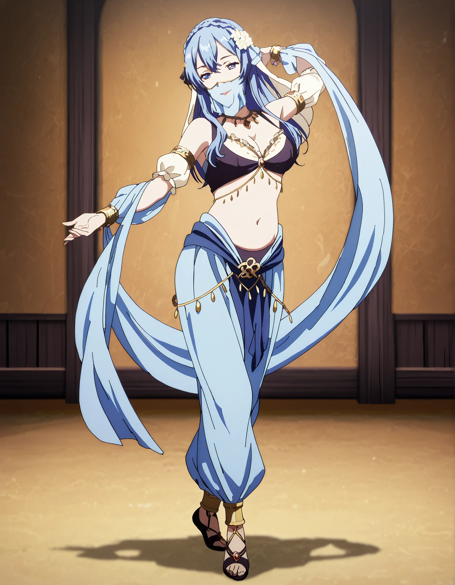 (1girl:1 . 5) , (Seul:1 . 5) , score_9 , score_8_haut , score_7_haut , source_anime , Official work , ultra-detailed , masterpiece , better quality , high resolution , beaux yeux , detailed eyes , Detailed face , beautiful detailed eyes,blue hair, braid, blue eyes, hair flower, hair ornament,How a Realist Hero Rebuilt the Kingdom,Juna Doma,Arabian Clothes , Arabian Dancer Outfit ,belly dancer costume,belly dancer outfit ,full body,golden jewelery,mouth veil,armlet, belly dancing,arabian theater,seductive smile, dancing with veil, dynamic movement,dance posture, seductive pose