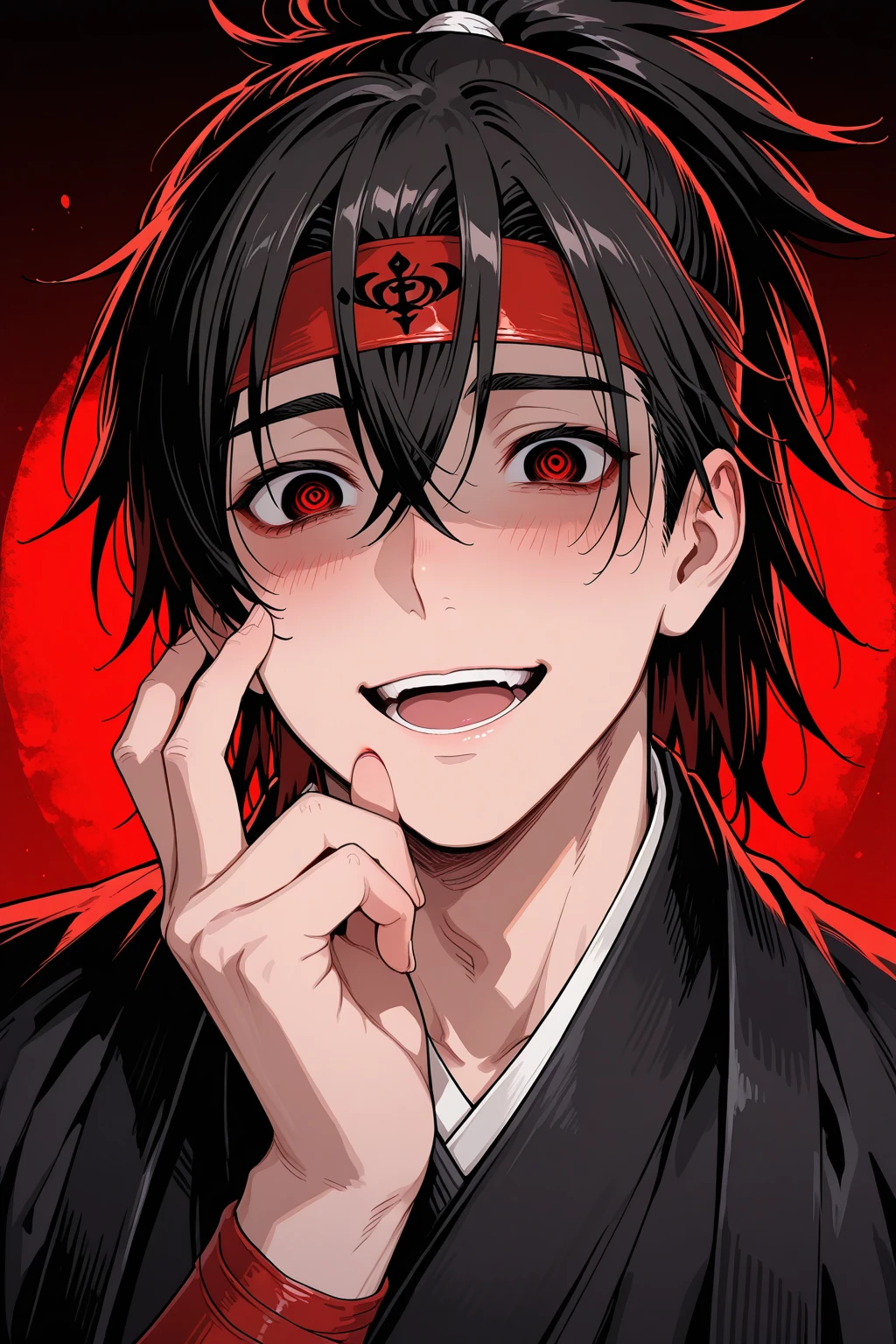 score_9, score_6_climb, source_anime, 1 man, alone, climbper body, Shinomiya Kaguya, conjunctivitis, black hair, black dress, Put your hand on your chin., Heart-shaped eyes, no pclimbils, smile softly, tooth, tsurime, red background , stick out your tongue, ????, saliva, flirt, It has black wings., Hakama style kimono