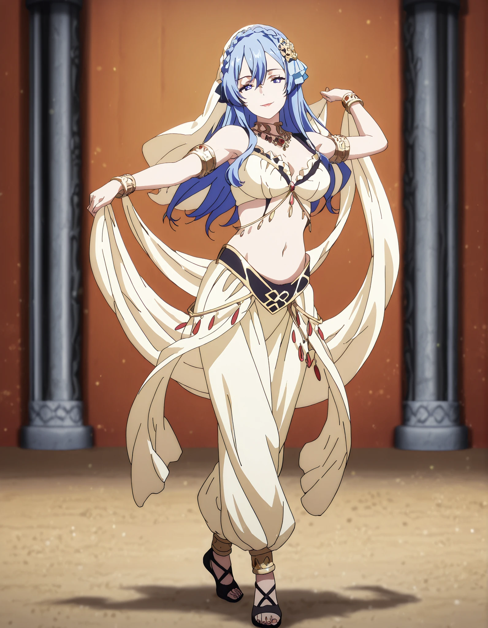 (1girl:1 . 5) , (Seul:1 . 5) , score_9 , score_8_haut , score_7_haut , source_anime , Official work , ultra-detailed , masterpiece , better quality , high resolution , beaux yeux , detailed eyes , Detailed face , beautiful detailed eyes,blue hair, braid, blue eyes, hair flower, hair ornament,How a Realist Hero Rebuilt the Kingdom,Juna Doma,Arabian Clothes , Arabian Dancer Outfit ,belly dancer costume,belly dancer outfit ,full body,golden jewelery,armlet, belly dancing,arabian theater,seductive smile, dancing with veil, dynamic movement,dance posture, seductive pose