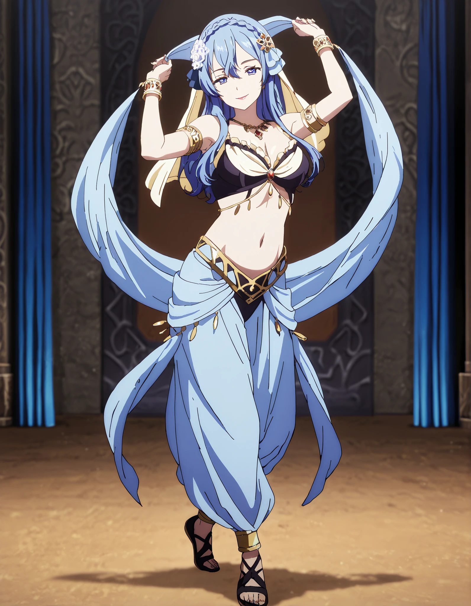 (1girl:1 . 5) , (Seul:1 . 5) , score_9 , score_8_haut , score_7_haut , source_anime , Official work , ultra-detailed , masterpiece , better quality , high resolution , beaux yeux , detailed eyes , Detailed face , beautiful detailed eyes,blue hair, braid, blue eyes, hair flower, hair ornament,How a Realist Hero Rebuilt the Kingdom,Juna Doma,Arabian Clothes , Arabian Dancer Outfit ,belly dancer costume,belly dancer outfit ,full body,golden jewelery,armlet, belly dancing,arabian theater,seductive smile, dancing with veil, dynamic movement,dance posture, seductive pose