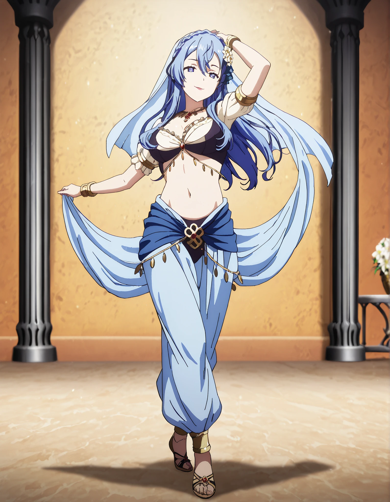 (1girl:1 . 5) , (Seul:1 . 5) , score_9 , score_8_haut , score_7_haut , source_anime , Official work , ultra-detailed , masterpiece , better quality , high resolution , beaux yeux , detailed eyes , Detailed face , beautiful detailed eyes,blue hair, braid, blue eyes, hair flower, hair ornament,How a Realist Hero Rebuilt the Kingdom,Juna Doma,Arabian Clothes , Arabian Dancer Outfit ,belly dancer costume,belly dancer outfit ,full body,golden jewelery,armlet, belly dancing,arabian theater,seductive smile, dancing with veil, dynamic movement,dance posture, seductive pose