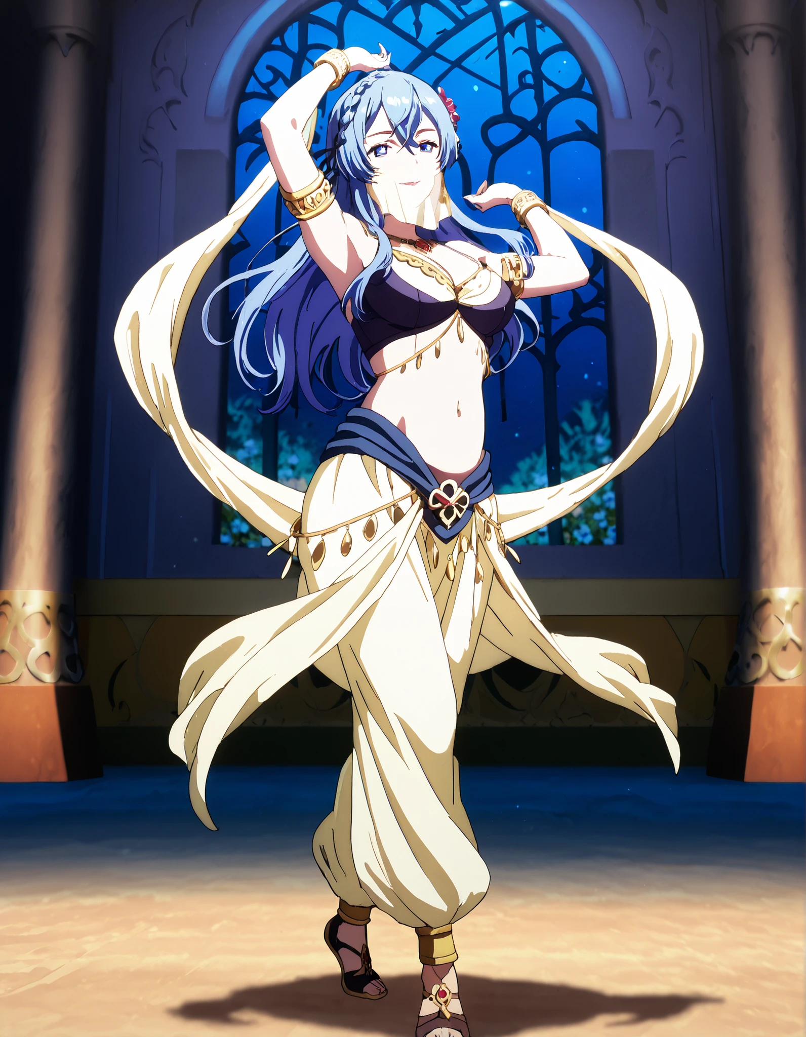 (1girl:1 . 5) , (Seul:1 . 5) , score_9 , score_8_haut , score_7_haut , source_anime , Official work , ultra-detailed , masterpiece , better quality , high resolution , beaux yeux , detailed eyes , Detailed face , beautiful detailed eyes,blue hair, braid, blue eyes, hair flower, hair ornament,How a Realist Hero Rebuilt the Kingdom,Juna Doma,Arabian Clothes , Arabian Dancer Outfit ,belly dancer costume,belly dancer outfit ,full body,golden jewelery,mouth veil,armlet, belly dancing,night,arabian garden,seductive smile, dancing with veil, dynamic movement,dance posture, seductive pose