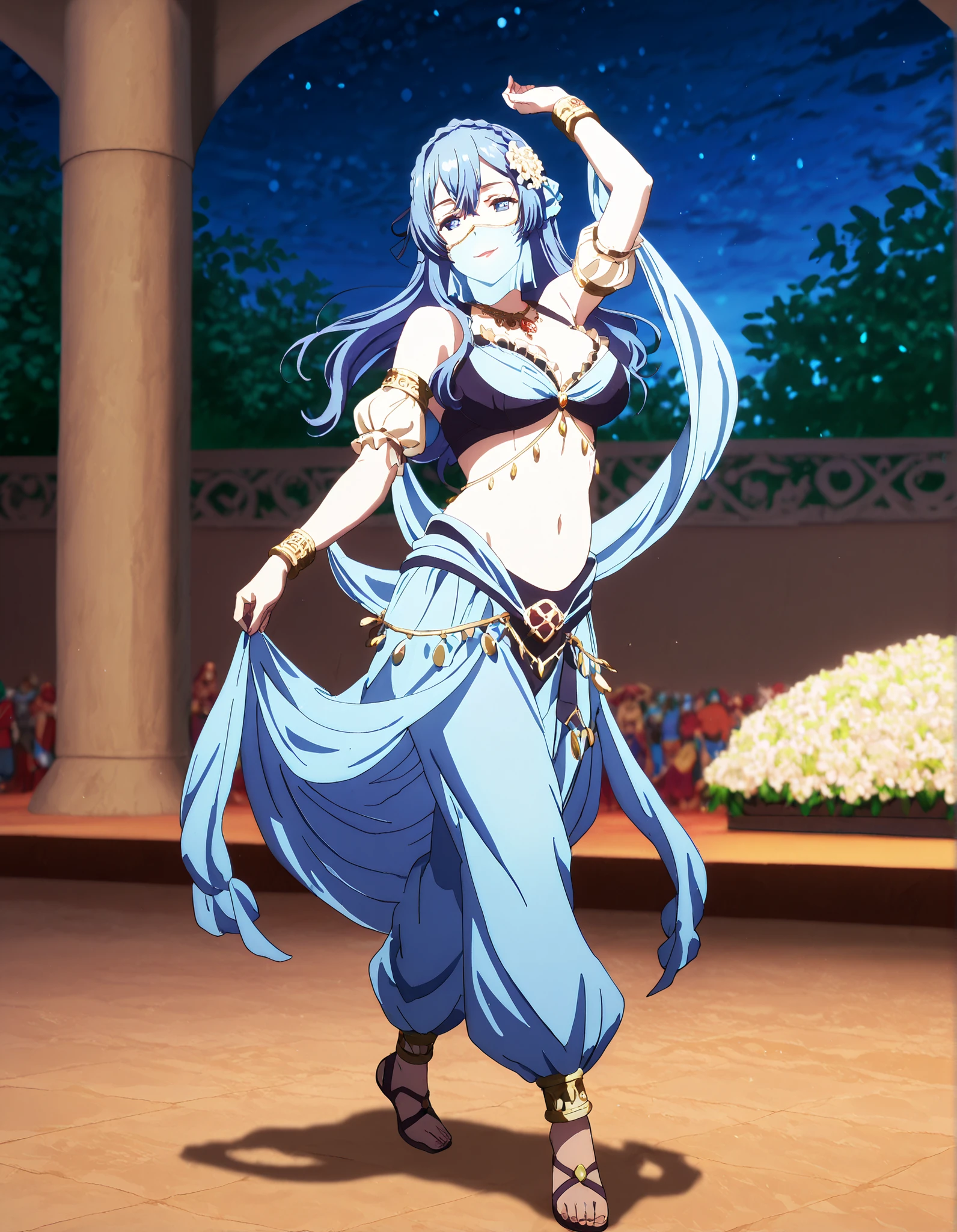 (1girl:1 . 5) , (Seul:1 . 5) , score_9 , score_8_haut , score_7_haut , source_anime , Official work , ultra-detailed , masterpiece , better quality , high resolution , beaux yeux , detailed eyes , Detailed face , beautiful detailed eyes,blue hair, braid, blue eyes, hair flower, hair ornament,How a Realist Hero Rebuilt the Kingdom,Juna Doma,Arabian Clothes , Arabian Dancer Outfit ,belly dancer costume,belly dancer outfit ,full body,golden jewelery,mouth veil,armlet, belly dancing,night,arabian garden,seductive smile, dancing with veil, dynamic movement,dance posture, seductive pose