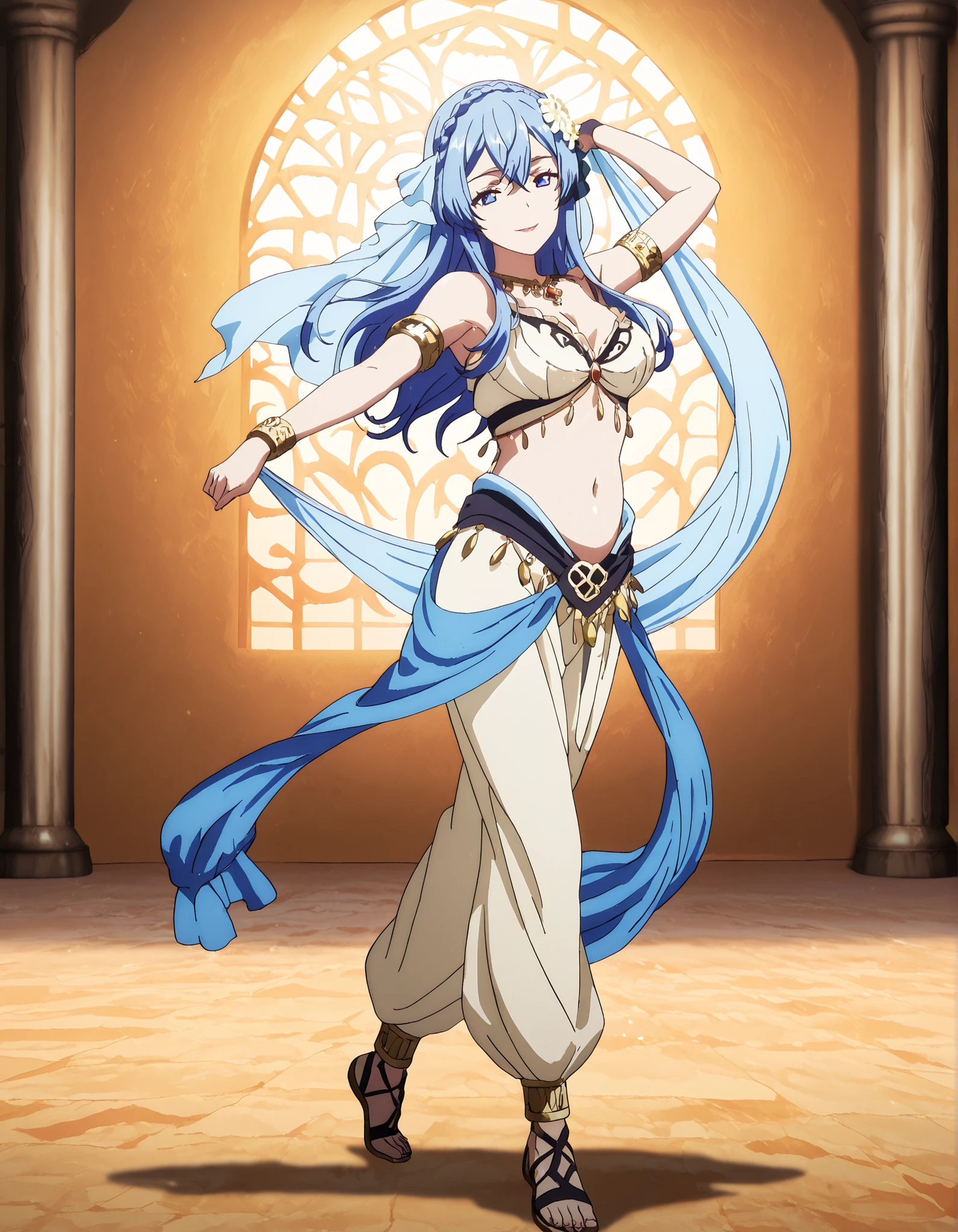 (1girl:1 . 5) , (Seul:1 . 5) , score_9 , score_8_haut , score_7_haut , source_anime , Official work , ultra-detailed , masterpiece , better quality , high resolution , beaux yeux , detailed eyes , Detailed face , beautiful detailed eyes,blue hair, braid, blue eyes, hair flower, hair ornament,How a Realist Hero Rebuilt the Kingdom,Juna Doma,Arabian Clothes , Arabian Dancer Outfit ,belly dancer costume,belly dancer outfit ,full body,golden jewelery,armlet, belly dancing,night,arabian garden,seductive smile, dancing with veil, dynamic movement,dance posture, seductive pose