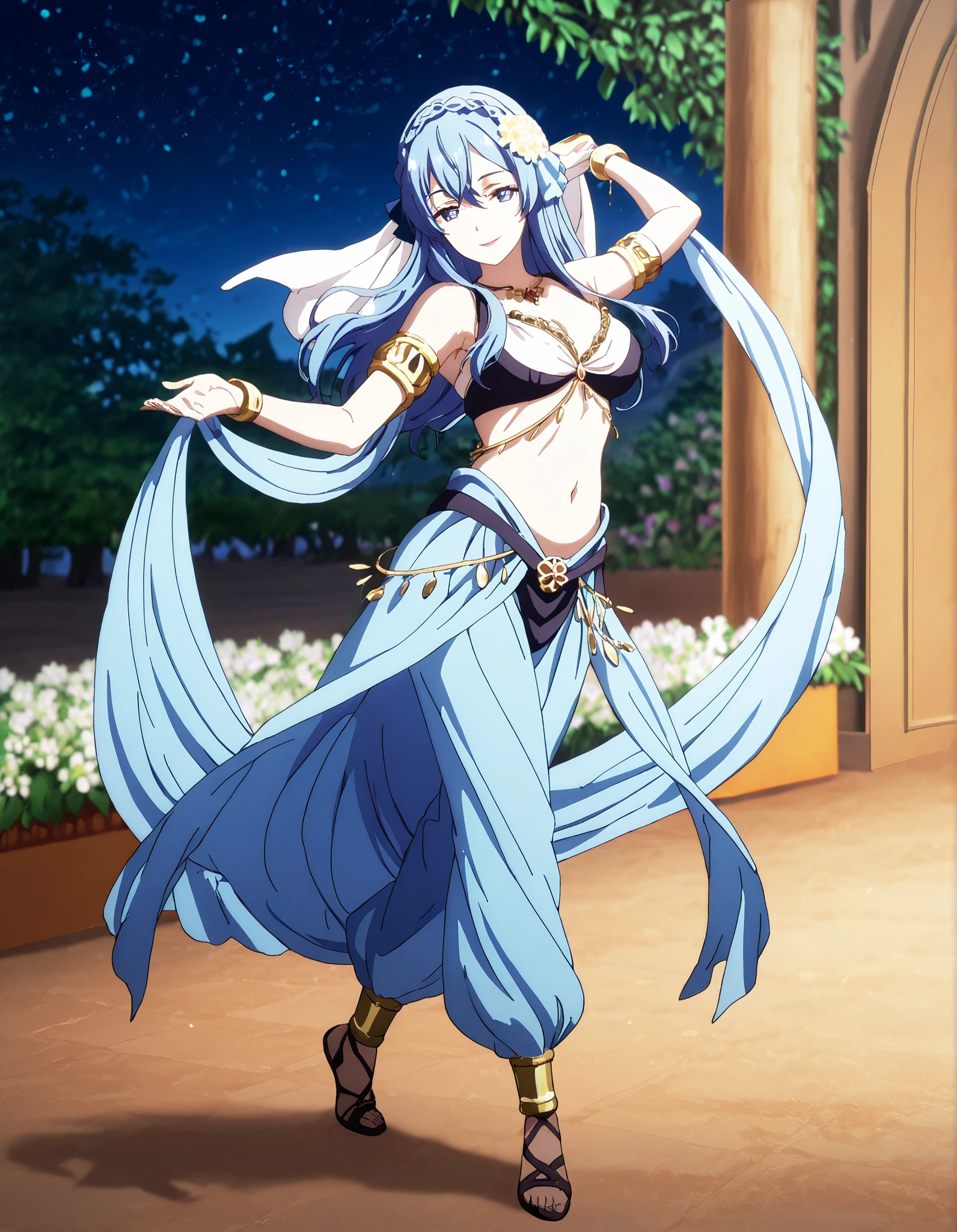 (1girl:1 . 5) , (Seul:1 . 5) , score_9 , score_8_haut , score_7_haut , source_anime , Official work , ultra-detailed , masterpiece , better quality , high resolution , beaux yeux , detailed eyes , Detailed face , beautiful detailed eyes,blue hair, braid, blue eyes, hair flower, hair ornament,How a Realist Hero Rebuilt the Kingdom,Juna Doma,Arabian Clothes , Arabian Dancer Outfit ,belly dancer costume,belly dancer outfit ,full body,golden jewelery,armlet, belly dancing,night,arabian garden,seductive smile, dancing with veil, dynamic movement,dance posture, seductive pose