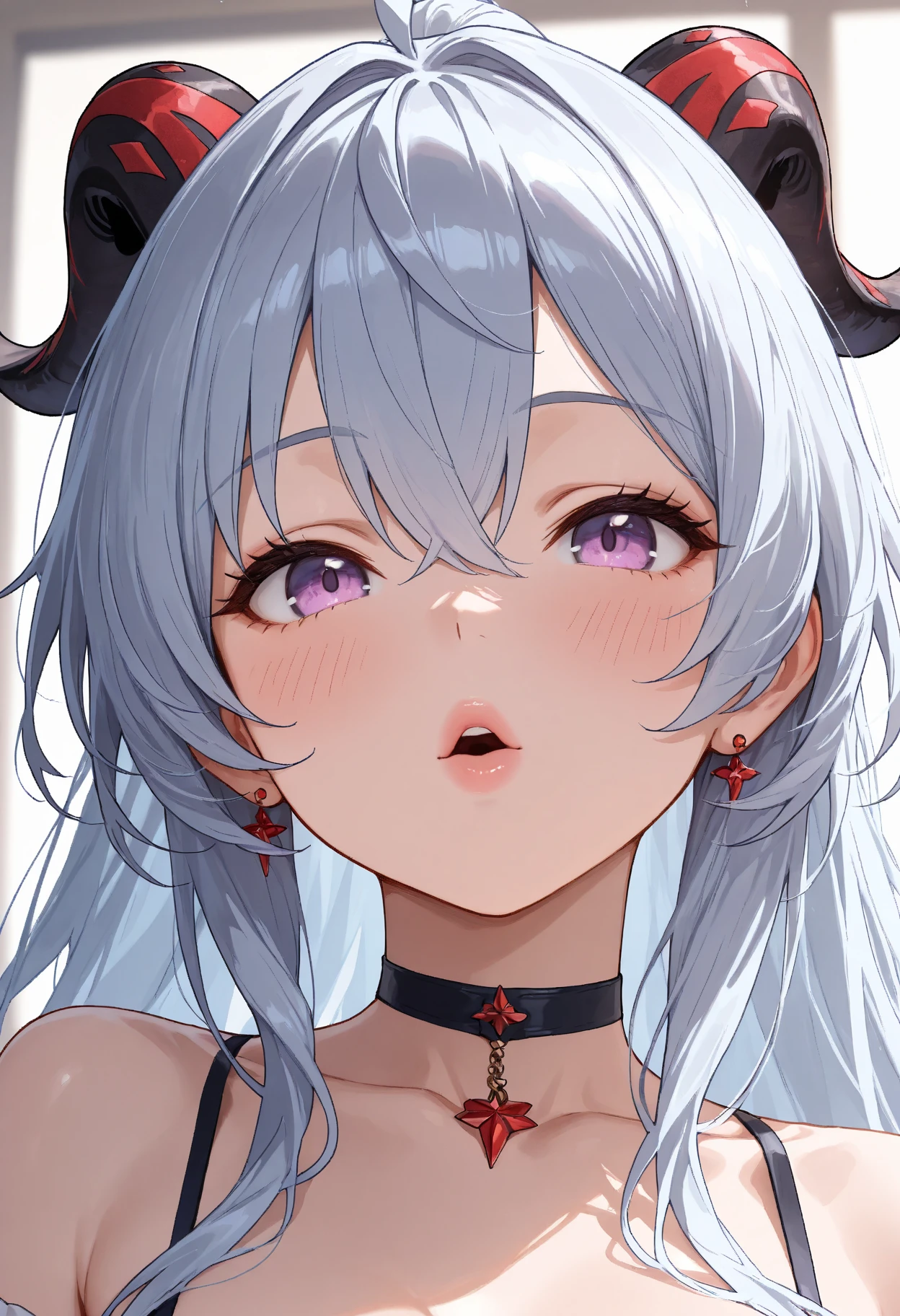 ((masterpiece, best quality)), highres, 8k, cinematic light, high contrast, depth of field, intense glow, simple background, darkness, abyssal, 1girl, cute, naughty,  smile, perfect arms, perfect hands, perfect fingers, detailed fingers, (heterochromia), (completely :1.3), close up, close shot, portrait of a girl, detailed eyes, glowing red eyes, sparkle in eyes, detailed iris, grin, stylized, (messy hair), (hair over one eye), luminous, fangs, demon horns, red horns, mouth wide open,  out, (heavy rain:1.3)