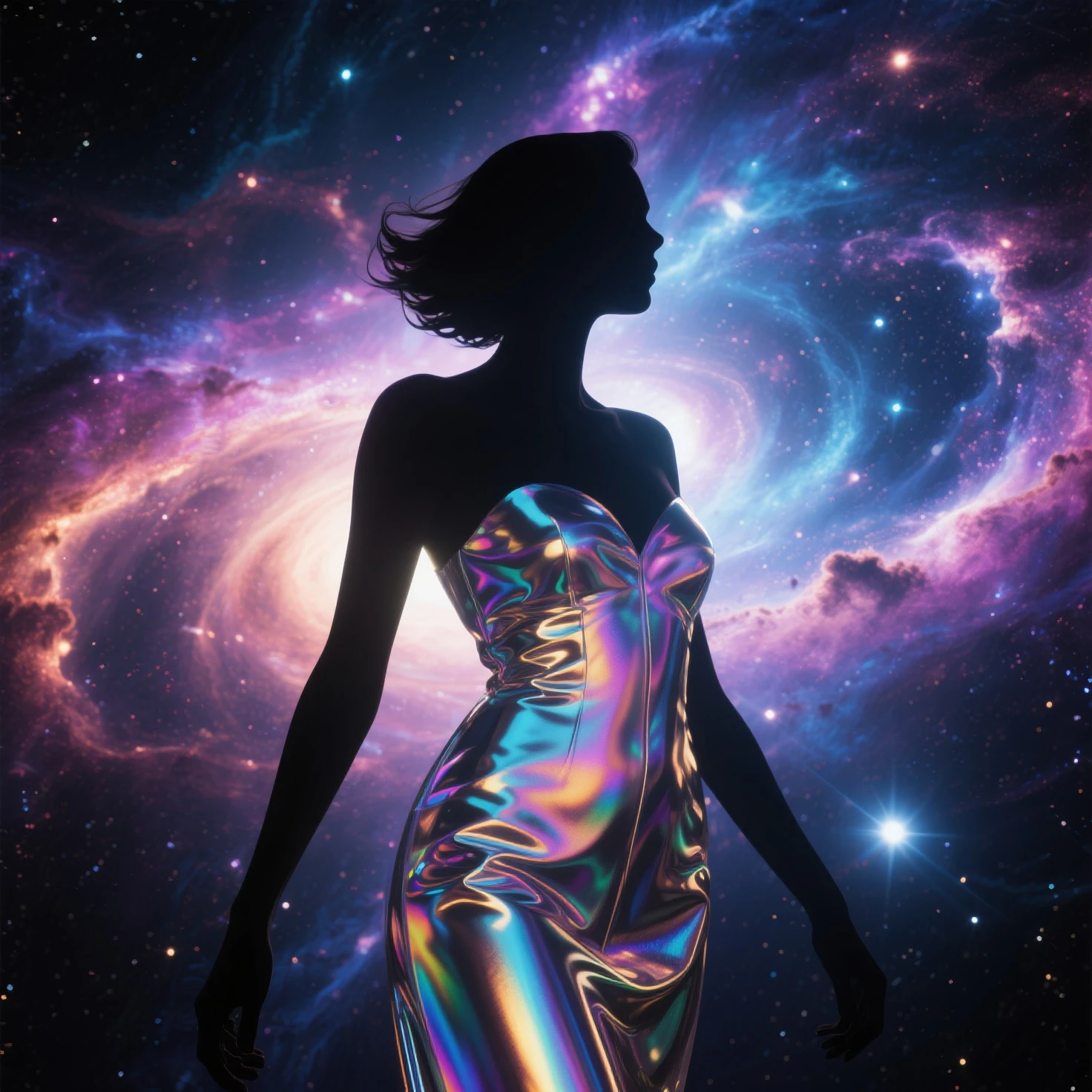 A galaxy of stars shaped like a body of a black woman ,glistening in the sky over the ocean, black woman shaped galaxy of stars reflecting on the ocean, aurora borealis in the background reflecting on the ocean, a beautiful fantasy art, night time, 32k, ultra HD image, photorealistic image.