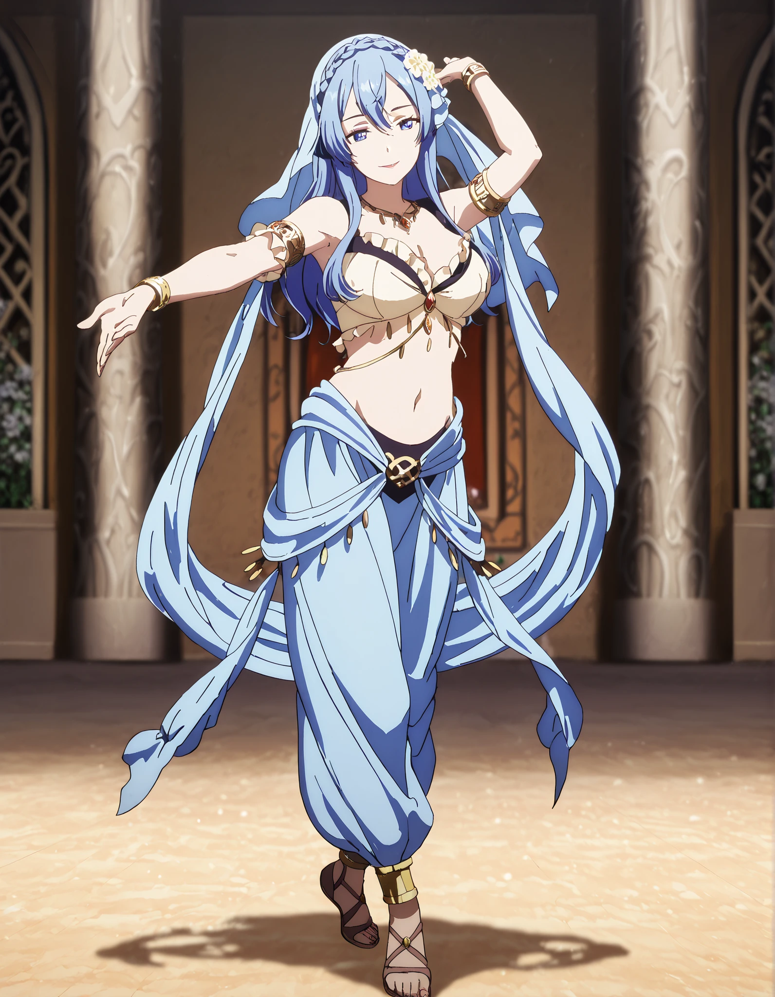(1girl:1 . 5) , (Seul:1 . 5) , score_9 , score_8_haut , score_7_haut , source_anime , Official work , ultra-detailed , masterpiece , better quality , high resolution , beaux yeux , detailed eyes , Detailed face , beautiful detailed eyes,blue hair, braid, blue eyes, hair flower, hair ornament,How a Realist Hero Rebuilt the Kingdom,Juna Doma,Arabian Clothes , Arabian Dancer Outfit ,belly dancer costume,belly dancer outfit ,full body,golden jewelery,armlet, belly dancing,arabian garden,seductive smile, dancing with veil, dynamic movement,dance posture, seductive pose