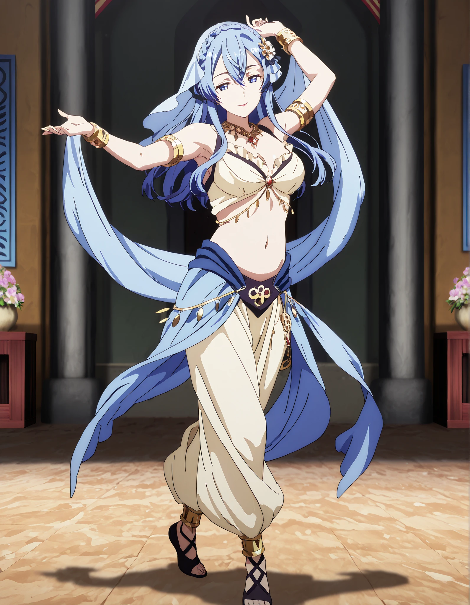 (1girl:1 . 5) , (Seul:1 . 5) , score_9 , score_8_haut , score_7_haut , source_anime , Official work , ultra-detailed , masterpiece , better quality , high resolution , beaux yeux , detailed eyes , Detailed face , beautiful detailed eyes,blue hair, braid, blue eyes, hair flower, hair ornament,How a Realist Hero Rebuilt the Kingdom,Juna Doma,Arabian Clothes , Arabian Dancer Outfit ,belly dancer costume,belly dancer outfit ,full body,golden jewelery,armlet, belly dancing,arabian garden,seductive smile, dancing with veil, dynamic movement,dance posture, seductive pose