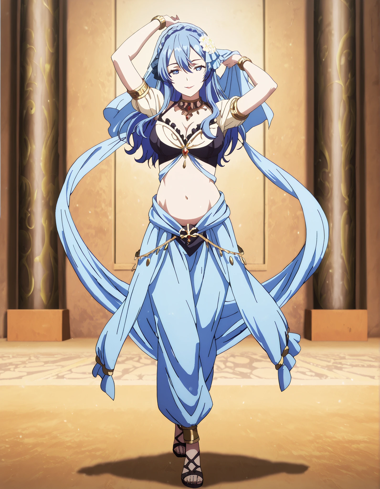 (1girl:1 . 5) , (Seul:1 . 5) , score_9 , score_8_haut , score_7_haut , source_anime , Official work , ultra-detailed , masterpiece , better quality , high resolution , beaux yeux , detailed eyes , Detailed face , beautiful detailed eyes,blue hair, braid, blue eyes, hair flower, hair ornament,How a Realist Hero Rebuilt the Kingdom,Juna Doma,Arabian Clothes , Arabian Dancer Outfit ,belly dancer costume,belly dancer outfit ,full body,golden jewelery,armlet, belly dancing,arabian garden,seductive smile, dancing with veil, dynamic movement,dance posture, seductive pose
