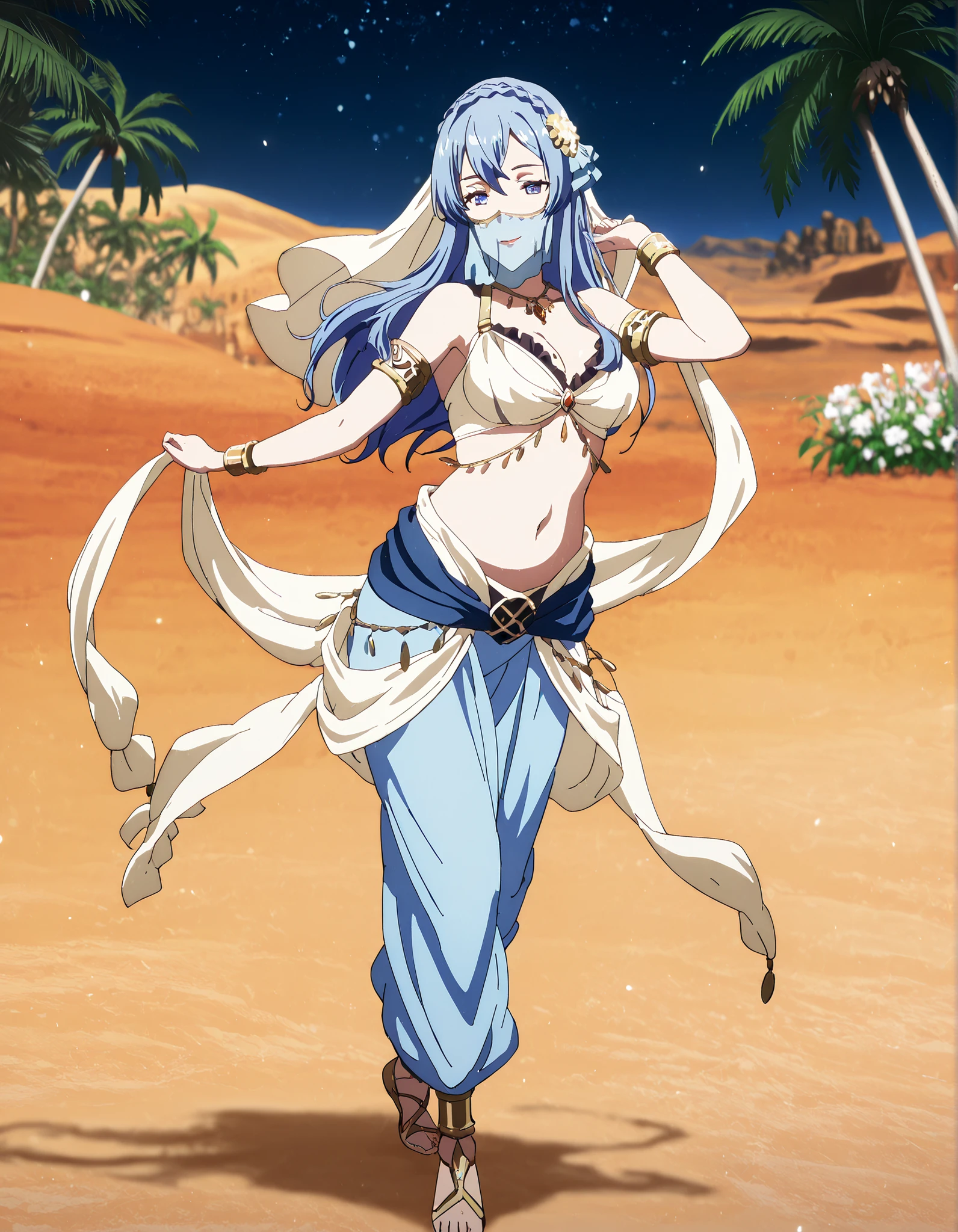 (1girl:1 . 5) , (Seul:1 . 5) , score_9 , score_8_haut , score_7_haut , source_anime , Official work , ultra-detailed , masterpiece , better quality , high resolution , beaux yeux , detailed eyes , Detailed face , beautiful detailed eyes,blue hair, braid, blue eyes, hair flower, hair ornament,How a Realist Hero Rebuilt the Kingdom,Juna Doma,Arabian Clothes , Arabian Dancer Outfit ,belly dancer costume,belly dancer outfit ,full body,golden jewelery,mouth veil,armlet, belly dancing,night,desert lands,palm tree,seductive smile, dancing with veil, dynamic movement,dance posture, seductive pose