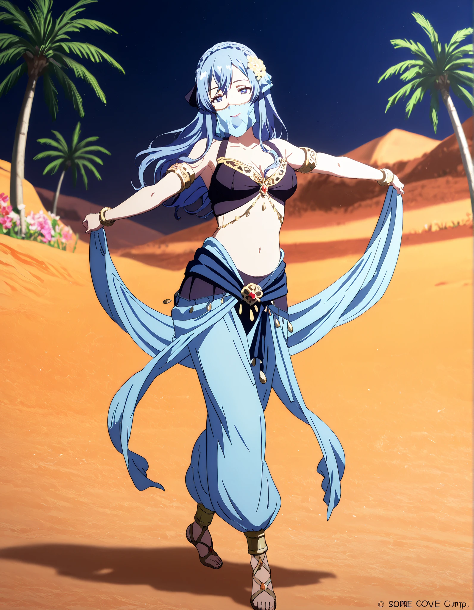 (1girl:1 . 5) , (Seul:1 . 5) , score_9 , score_8_haut , score_7_haut , source_anime , Official work , ultra-detailed , masterpiece , better quality , high resolution , beaux yeux , detailed eyes , Detailed face , beautiful detailed eyes,blue hair, braid, blue eyes, hair flower, hair ornament,How a Realist Hero Rebuilt the Kingdom,Juna Doma,Arabian Clothes , Arabian Dancer Outfit ,belly dancer costume,belly dancer outfit ,full body,golden jewelery,mouth veil,armlet, belly dancing,night,desert lands,palm tree,seductive smile, dancing with veil, dynamic movement,dance posture, seductive pose