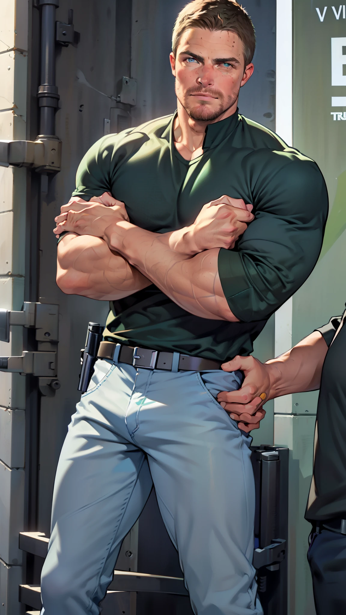 vpl,vpl,1 man, male focus solo,45 yo man, (((Stephen AMELL as private investigator))), lean muscle, open blue shirt, marine blue jeans with brown belt ,( bulge), full body shot, dark blond short hair, BLUE GREEN EYES , well groomed facial hair, (((( HANDS CROSSED , holding TWO guns IN BOTH HANDS LIKE JAMES BOND )))) (((SPREAD LEGS , VERY MANLY APPERANCE ))), ultra high quality, masterpiece, ( ever changing background, blue and white and green arabesques lines in the background)