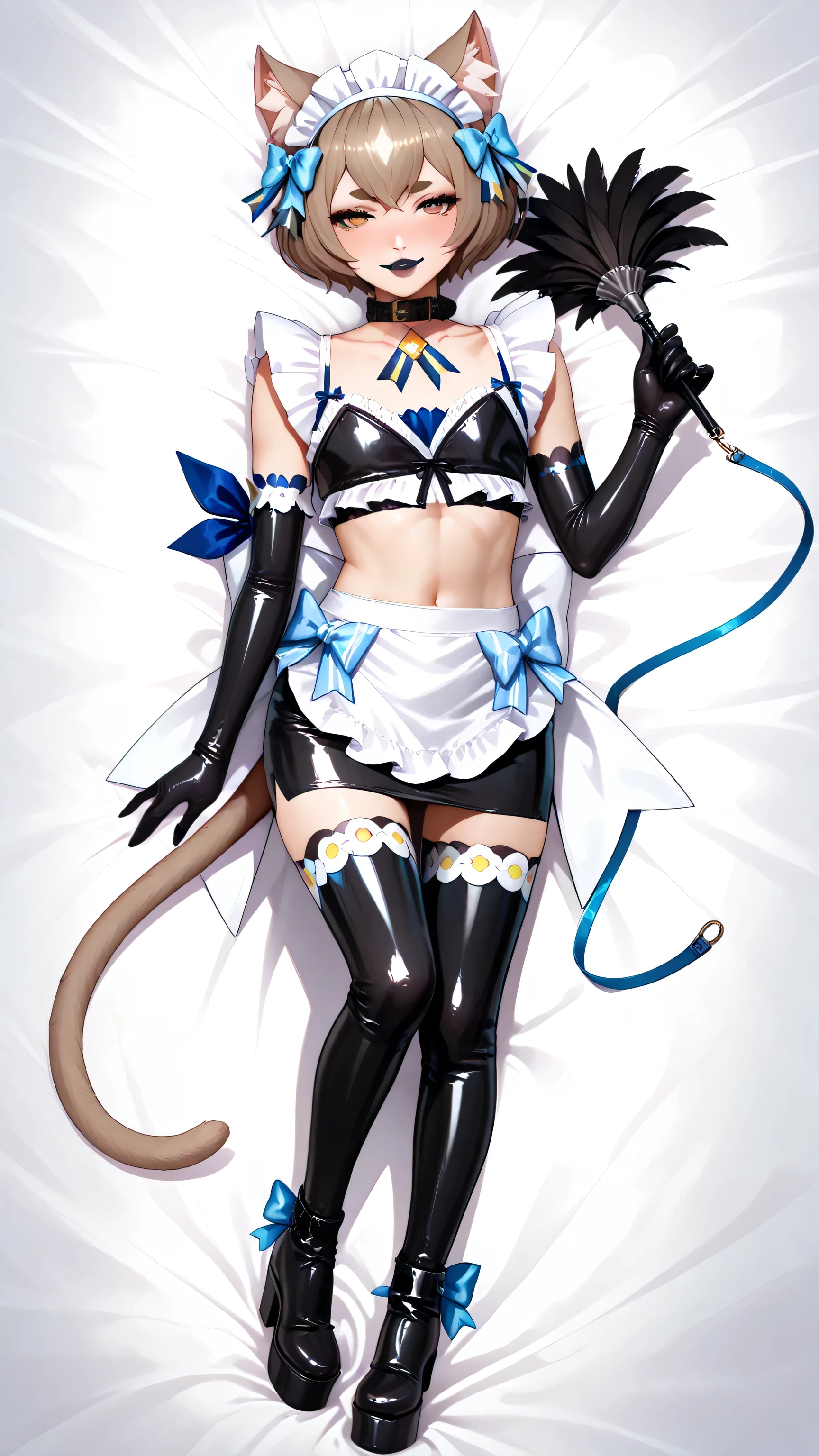 dog collar and leash ,featherduster in hand,, french maid, maid headpiece,cleavage cutout, maid apron, ,black latex-servant, felix argyle, very long hair, bangs, brown hair, bow, animal ears, hair bow, male focus, cat ears, eyelashes, bob cut, thick eyebrows, white bow, otoko no ko, cat tail, black crop top, black pencil skirt, black elbow gloves, black thighhighs, black lipstick, eyelashes, makeup, glossy lips, black thigh high boots, platform boots, full body, masterpiece, dakimakura, high resolution, blush, smile, looking at viewer, laying in bed, masterpiece, best quality, highly detailed, high quality facial features, red lipstick, perfect eyes, full body shown, pose, blue eyeshadow, smirk smile, facing directly, 4k , 8k , high resolution ,