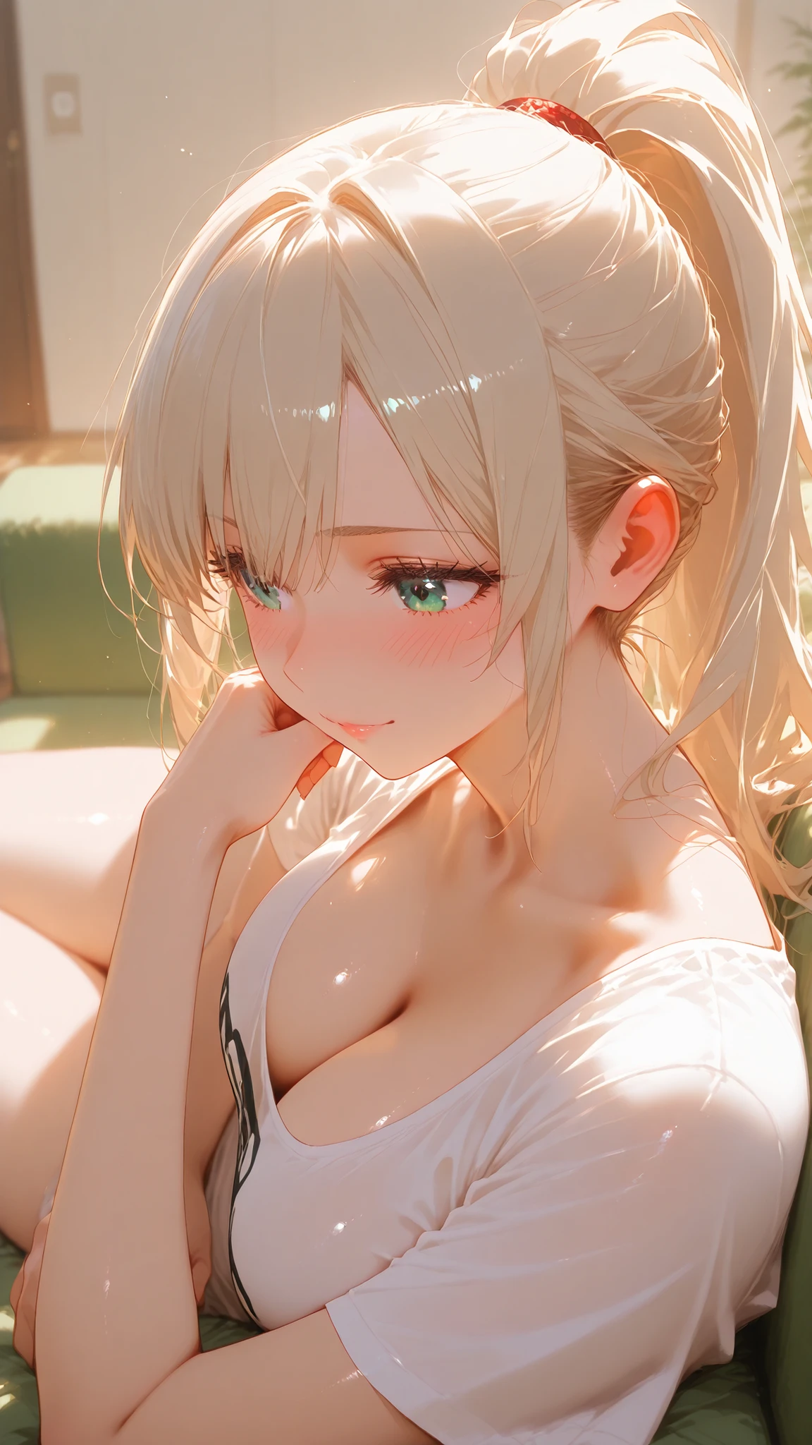 masterpiece, super high resolution,1 Girl,high ponytail,sitting,Gentle smile,light beige hair,no hair ornament,large u-neck t-shirt,sexy shoulder hair,Blush,cleavage,lying on the couch,bright living room