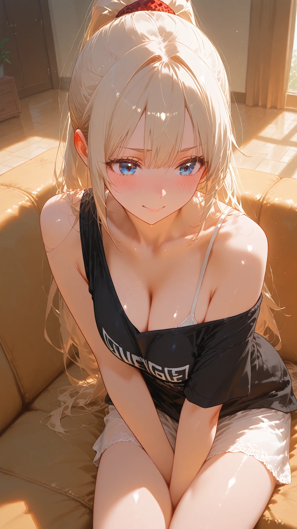masterpiece, super high resolution,1 Girl,high ponytail,sitting,Gentle smile,light beige hair,no hair ornament,large u-neck t-shirt,sexy shoulder hair,Blush,cleavage,lying on the couch,bright living room