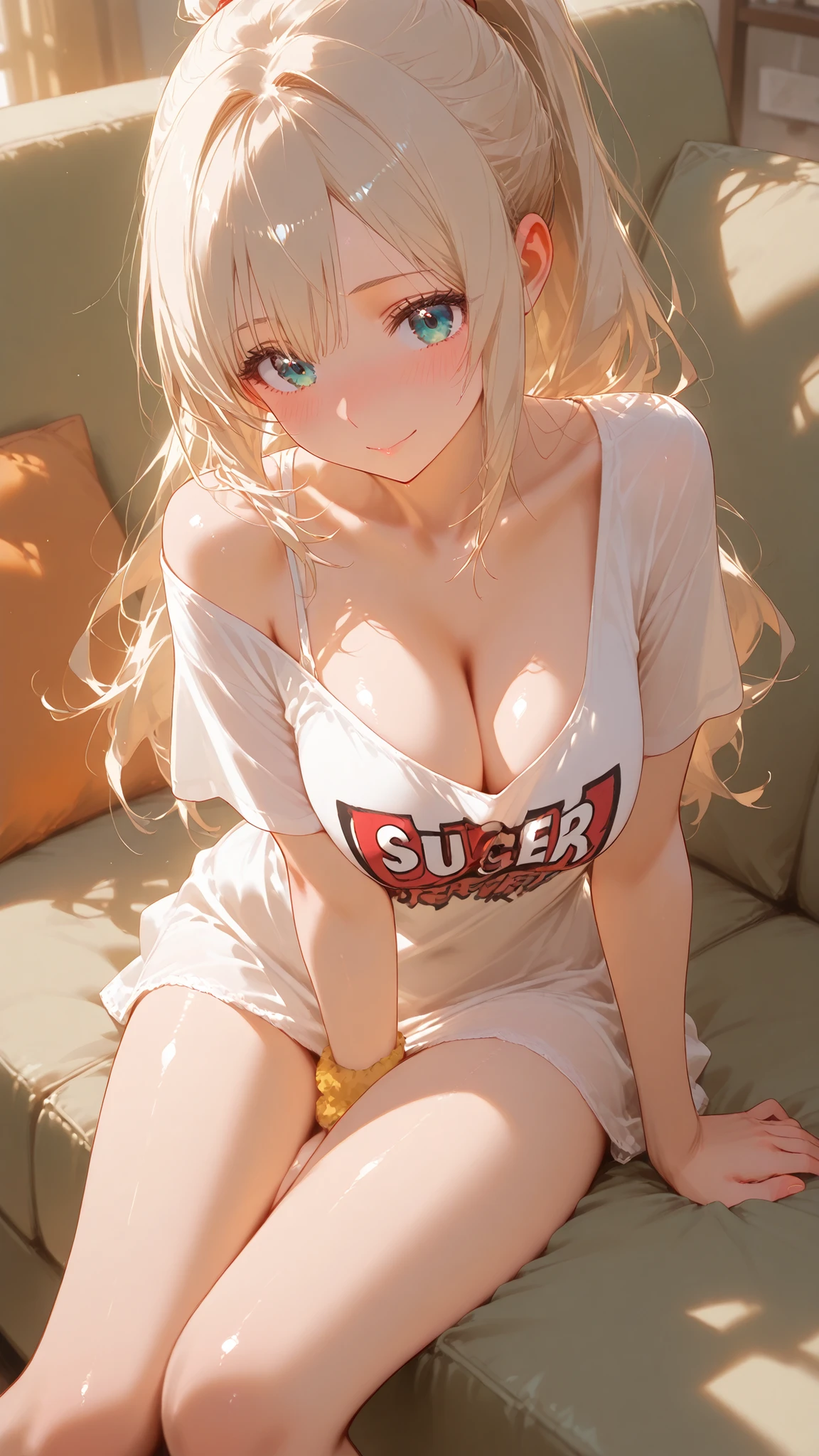 masterpiece, super high resolution,1 Girl,high ponytail,sitting,Gentle smile,light beige hair,no hair ornament,large u-neck t-shirt,sexy shoulder hair,Blush,cleavage,lying on the couch,bright living room