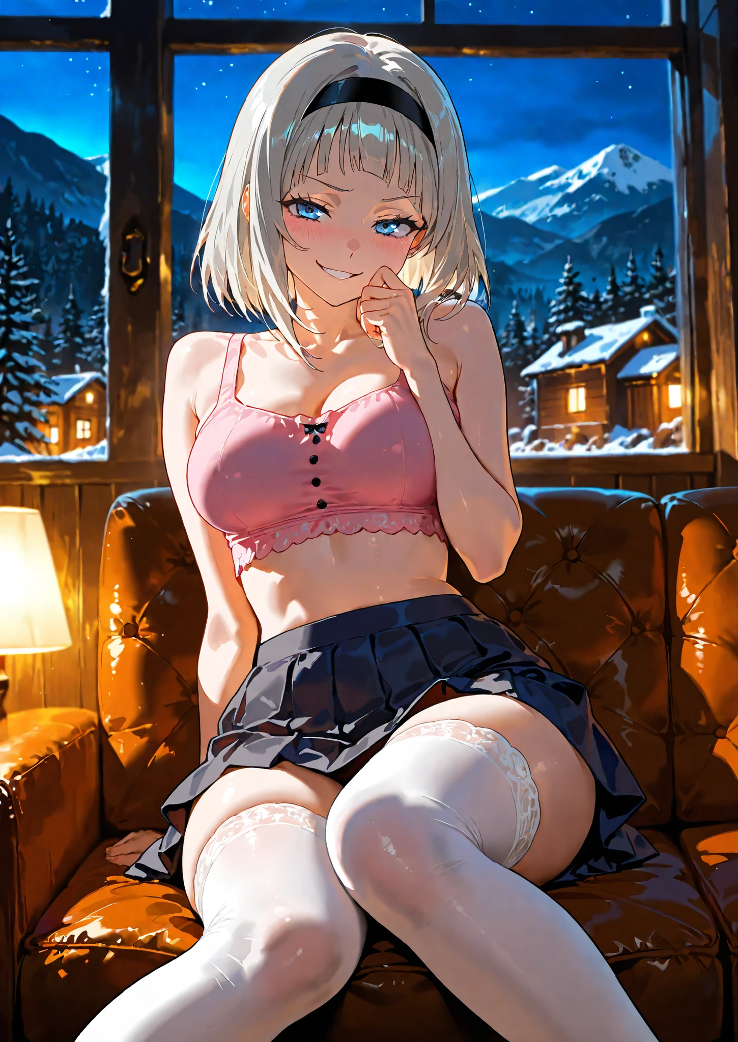 1girl, solo, Anna Nishikinomiya \(shimoneta\), shimoneta, short gray hair, blue eyes, black hairband, pink crop top, white thigh highs, skirt, blushing, crazy insane smirk, sitting on a sofa, mountain cabin, night time, seductive, sexy pose, alluring atmosphere, cinematic lighting and shadows, BREAK,masterpiece,top quality,warm color,high resolution,high fashion,absurdres extremely,vivid colors,intricate details,best quality,amazing quality,very aesthetic,newest,ultra-detailed, nsfw,