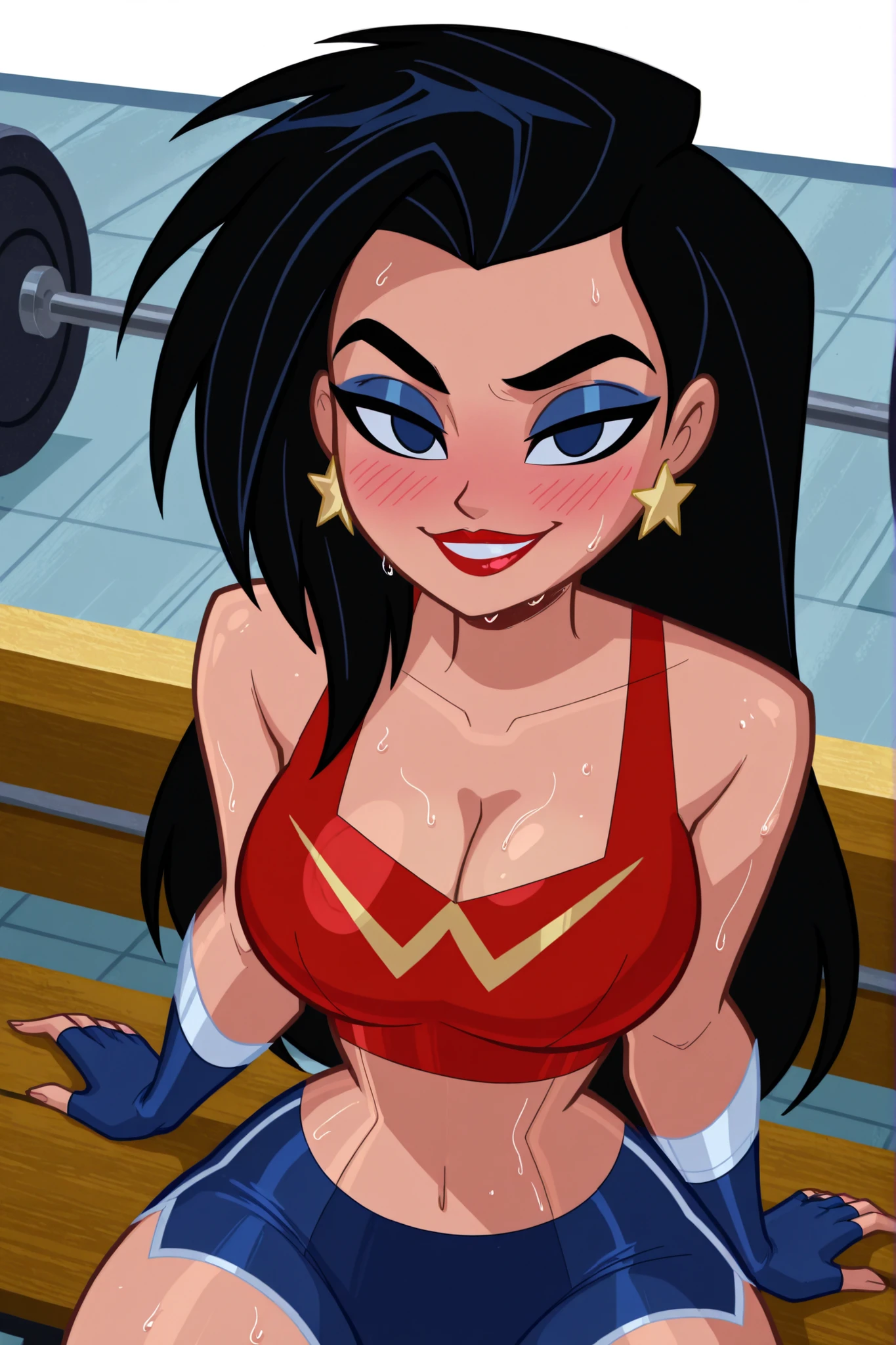 BREAK, score_6_up, score_9, score_8_up, score_7_up, ultra quality, solo, 1girl, wonderwomanjla, long hair, black hair, bare shoulders, jewelry, earrings, busty, red sports bra, blue gym shorts, blue fingerless gloves, makeup, lipstick, star earrings, looking at viewer, seducing viewer, teasing viewer, smiling, seductive expression, bedroom eyes, athletic, large breasts, cleavage, curvy, narrow waist, upper body, portrait, screencap, indoors, gym, sitting on bench, high-angle view, closeup, midriff, blue eyeshadow, sweaty, sweat drops, blushing