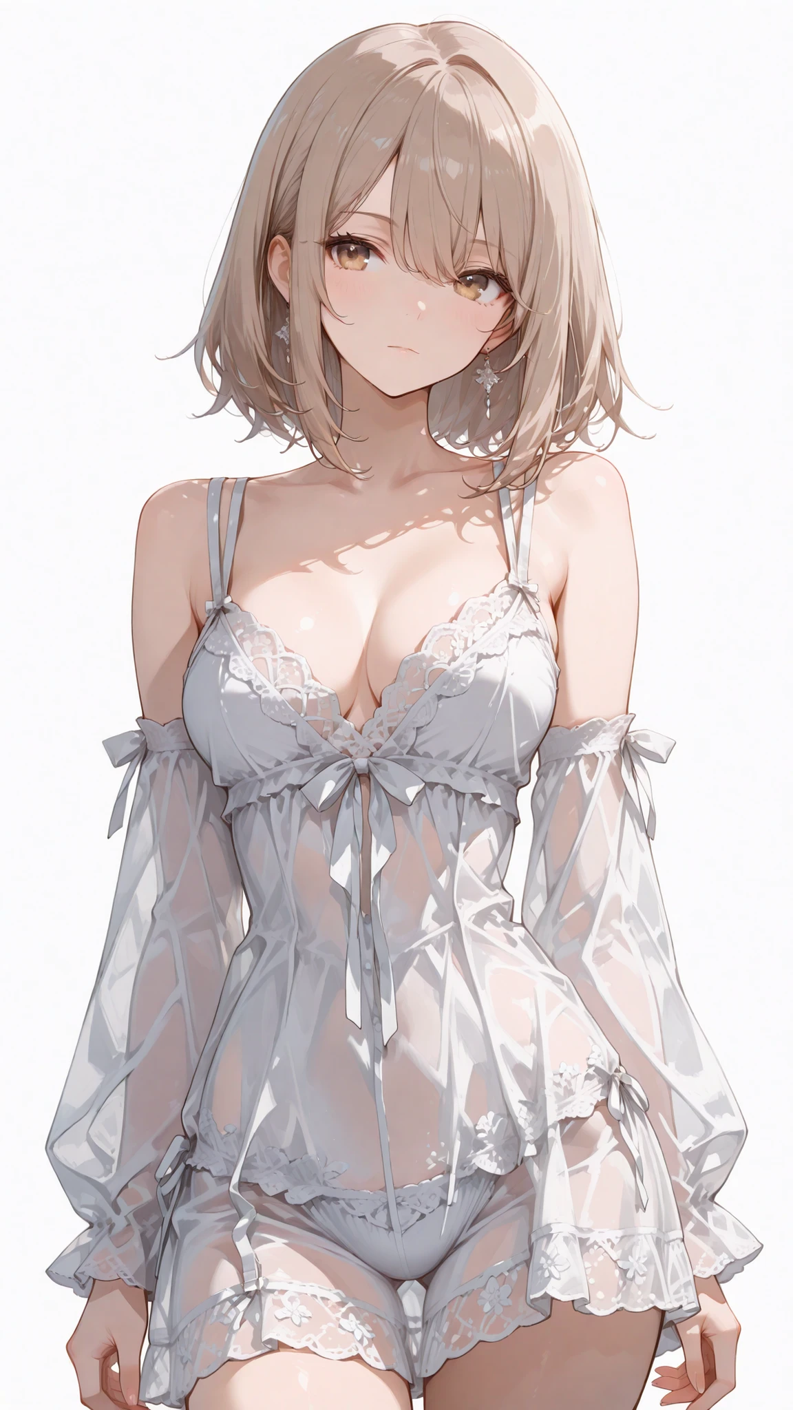 ( masterpiece:1.5), (Top Quality:1.4), (High Resolution:1.9), High quality eyes, a woman with light brown hair, light brown eyes, white Transparent Neglige, highly detailed, simple background