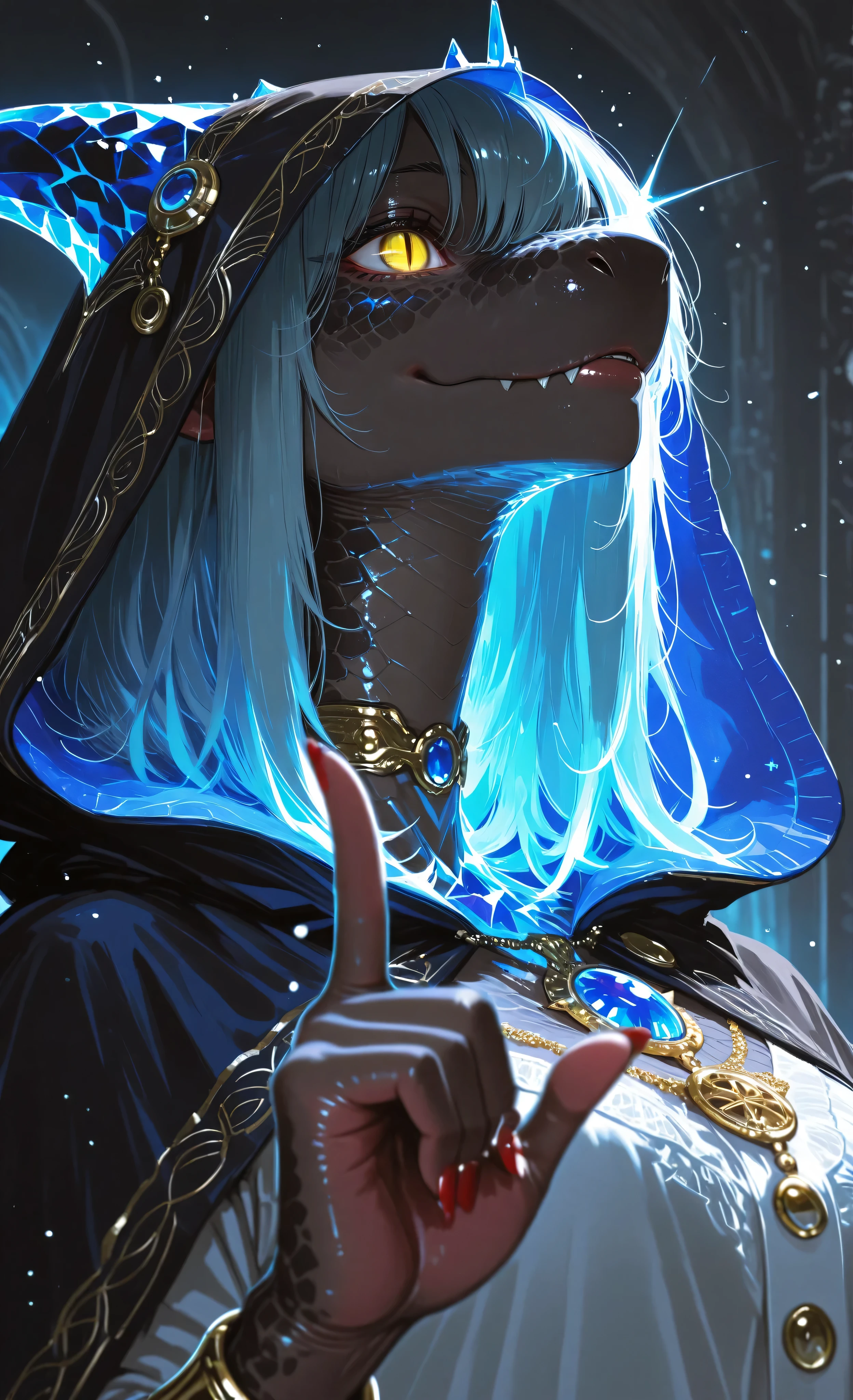 ((masterpiece, best quality, 8k, ultra detailed, sharp focus, digital painting), illustrative style, fantasy aesthetic, dramatic atmosphere, ornate details,

**(lizard furry:1.7), (reptilian anthropomorphic:1.6),** solo, fantastical being, **(scaly dark skin:1.5), (reptile features:1.4),** 
(glowing yellow eyes:1.5), (long sharp crimson nails:1.3), **(slit pupils:1.3),**

adornments: (large multifaceted blood-red gemstones:1.6), (crystal headwear:1.4), 
(crystal neckline:1.3), (bejeweled pendant), (golden cuff:1.2), (golden necklace),

wearing: (elaborate dark hooded cloak:1.3), white shirt with gold buttons, luxurious attire,

action: (index finger to lips:1.5), (gesture of silence), (mysterious pose),

background: (dark muted palette:1.3), hints of blue, (scattered light sparkles), atmospheric,

composition: close-up, upper body focus, (slightly upward perspective:1.2), 
centrally positioned, dramatic imposing atmosphere,

style: strong lines, striking color contrasts, focus on **scaly textures** and lighting,
**(reptilian elegance), (majestic lizard)**