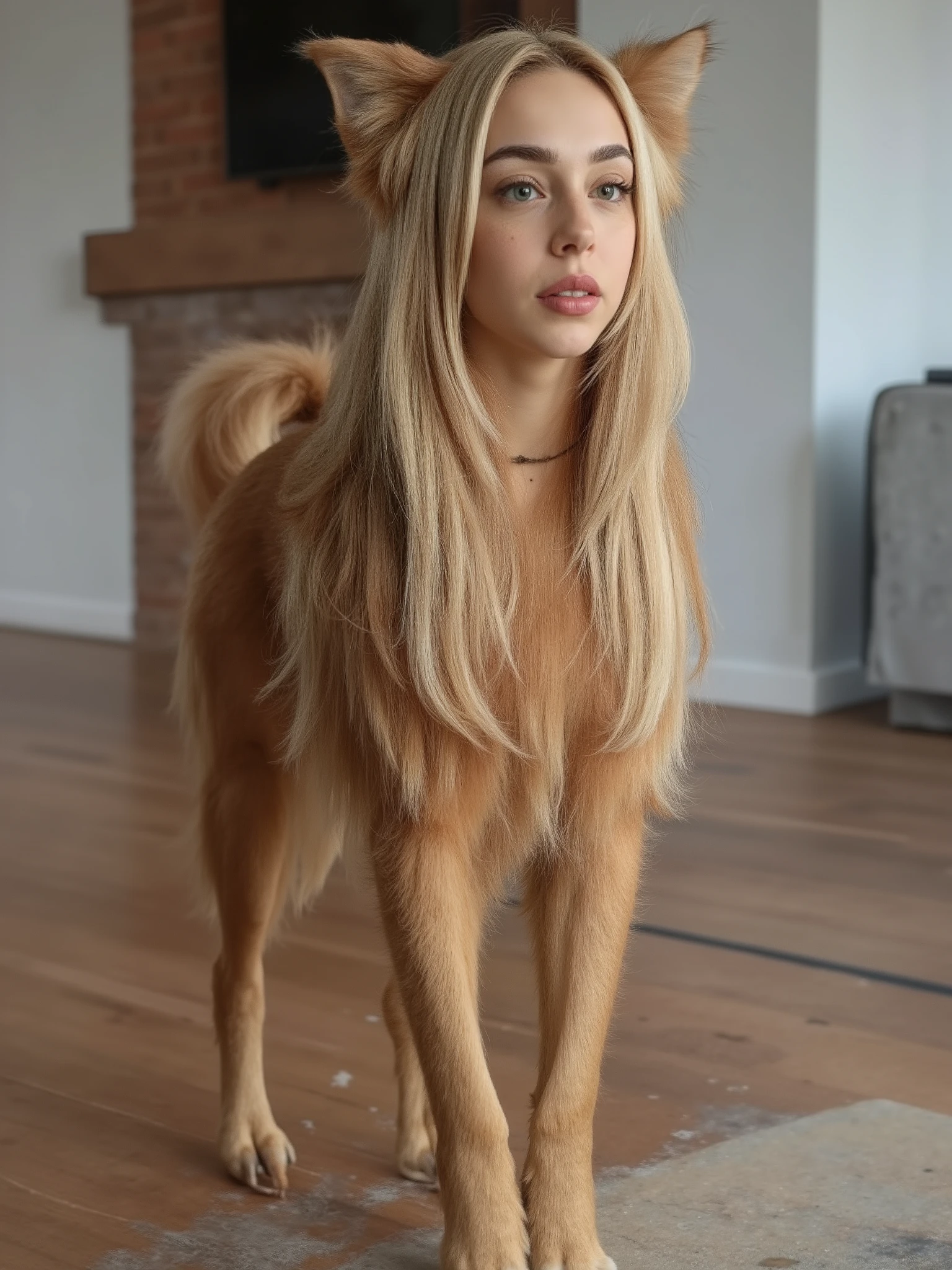 (masterpiece, high quality, high resolution hairstyle, hyperrealistic photograph), Majestic anthropomorphic female dog, hybrid creature standing on the ground on its four legs, humanized canine anatomy in an elegant posture, beautiful female face with delicate features, long, silky blond hair that falls on the shoulders, canine ears that crown their head, bright and expressive canine eyes, body completely covered with a soft and shiny coat, long and graceful tail moving to maintain balance, height proportional to an adult woman, defined canine muscles under the coat, proud and elegant posture, Flirty and happy. Modern home interior, LED lighting that creates dramatic shadows and contrasts, detailed realistic textures, perfect details of hair and skin, 8K, professional lighting , balanced composition, depth of field