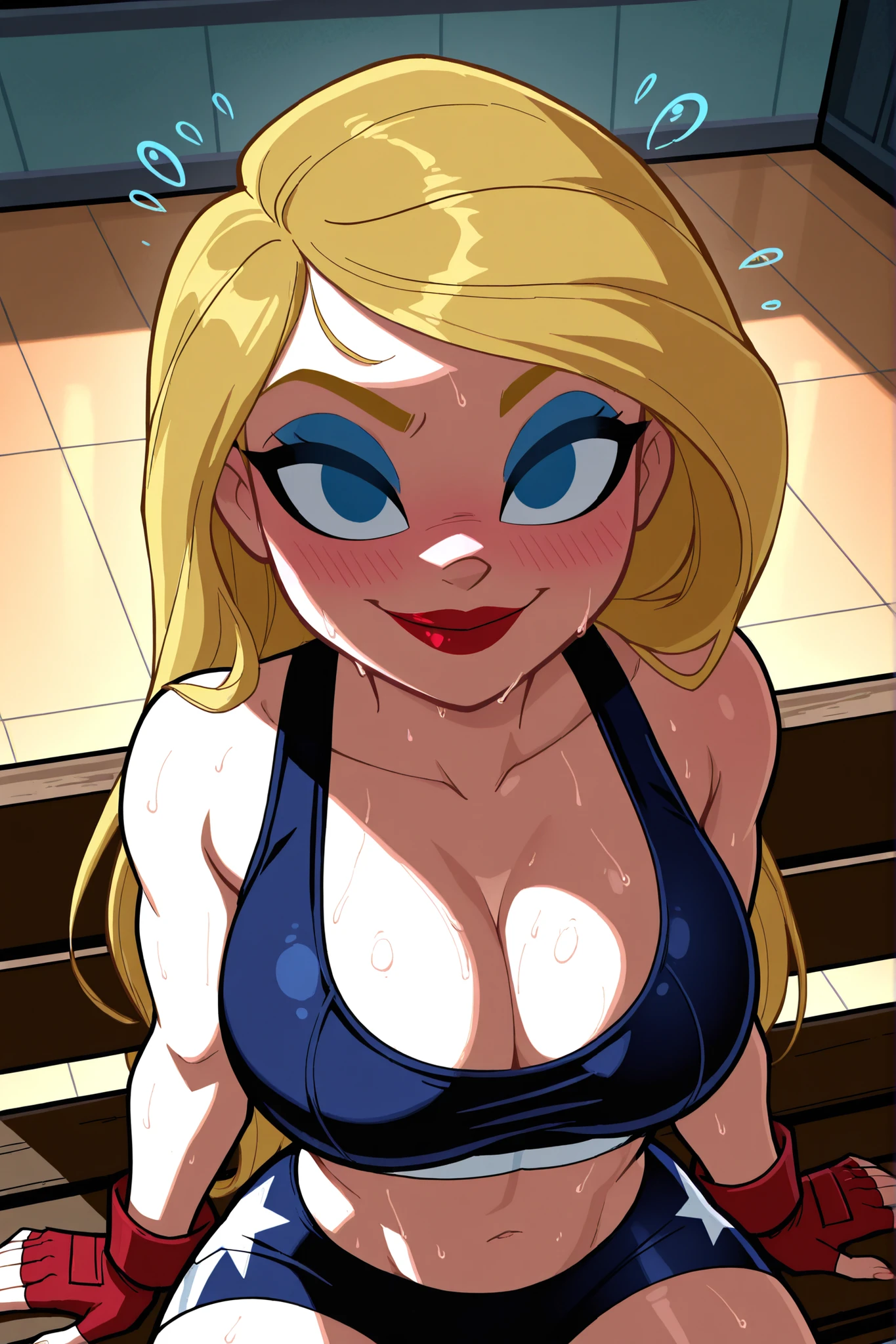 BREAK, score_6_up, score_7_up, score_8_up, score_9, Stargirl, 1girl, solo, long hair, blue eyes, blonde hair, lipstick, superhero, red lips, , cleavage, curvy, athletic, looking at viewer, seducing viewer, teasing viewer, smiling, closed mouth, expression, bedroom eyes, busty, dark blue sports bra, dark blue gym shorts, red fingerless gloves, indoors, gym, sitting on bench, portrait, upper body, closeup, high-angle view, blue eyeshadow, sweaty, sweat drops, blushing