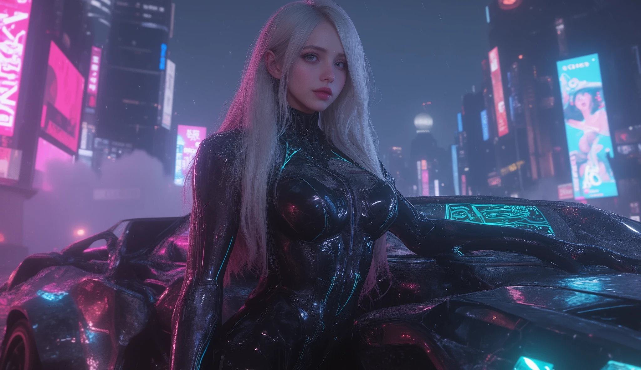 
(Masterpiece), (best quality), ultra-detailed, photorealistic, 8K resolution, cinematic daylight and neon atmosphere

A full-body hyperrealistic cyberpunk portrait of a stunning young gothic woman in a sleek black latex , standing in a dramatic pose beneath glowing neon billboards. She leans casually against a futuristic armored hovercar in the heart of a rain-soaked megacity at night.

Her right arm is a fully articulated chrome cybernetic limb, with glowing data lines pulsing through transparent panels. Long, silky platinum hair with neon streaks flows slightly in the wind, framing a flawless face with icy-blue eyes and a confident smirk. Her outfit gleams under the reflections of the wet streets, accentuating her athletic feminine form.

Behind her, towering skyscrapers fade into mist, filled with holographic ads, flying cars, and shifting pink, cyan, and violet neon light. The hovercar’s surface is covered in luminous circuit patterns and kinetic armor plating, softly glowing with power. A faint holographic HUD projects from her cyber-arm, casting a cyan glow across her face.

The atmosphere is cinematic and moody: heavy rain, reflective puddles, drifting steam, shimmering neon shadows. Hyperdetailed textures, atmospheric depth of field, bokeh effects, perfect , trending on ArtStation, Unreal Engine rendering, ultra photorealistic cyberpunk concept art.