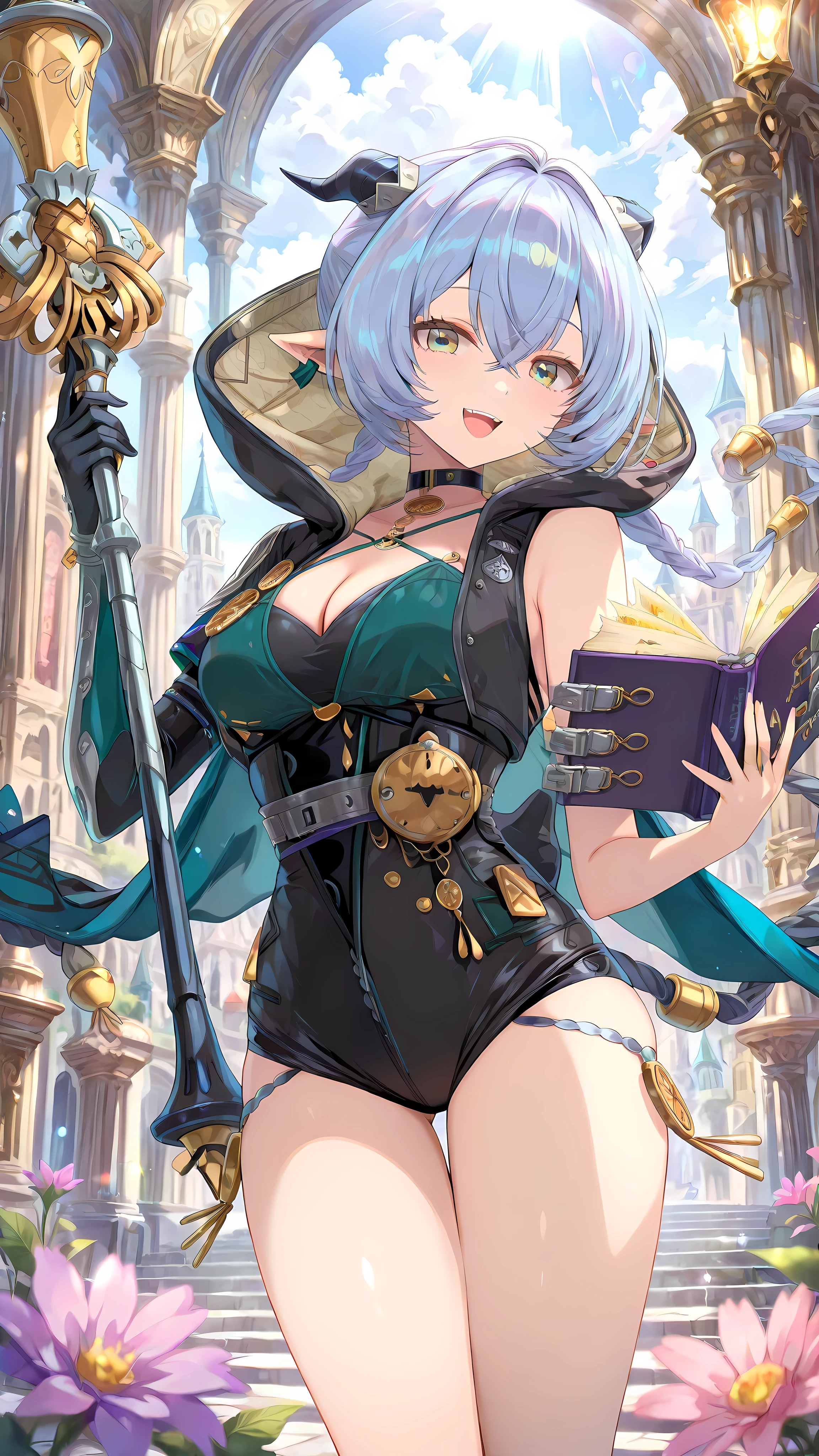 Score_9, Score_8_up, Score_7_up, Score_6_up, Score_5_up, Score_4_up, Source_authentic, masterpiece, best quality, amazing quality, very aesthetic, high resolution, ultra-detailed, absurdres, newest, scenery,(depth of field:1.5),
(super fine illustration,professional quality,ultra high res), beautiful detailed eyes,
(high brightness),
break
lucia\\\(zenless zone zero\\\), yellow eyes, long hair, bangs, gloves, cleavage, hair between eyes, jewelry, medium breasts, blue hair, braid, horns, choker, pointy ears, black gloves, belt, hood, leotard, upper teeth only, black choker, hair intakes, black leotard, cloak, twintails, crossed bangs, hooded cloak, single sleeve, holding, holding book, holding weapon, staff,
torino_aqua,(((extremely detailed background)), Lots of elements in background,((super-detailed background)), outdoor, Read a book,((8K wallpaper)),
1girl,
Smiling face, Glossy eyes, Animated, Seductive, Erotic, Glossy skin Thighs, Sexy,
(Cute Illustration: 1.3), (High Saturation: 1.3), Cute face and eyes,
Dynamic lighting, stylish, random pose, looking at viewer,
(Dutch angle: 1.2),(dynamic angle: 1.2),