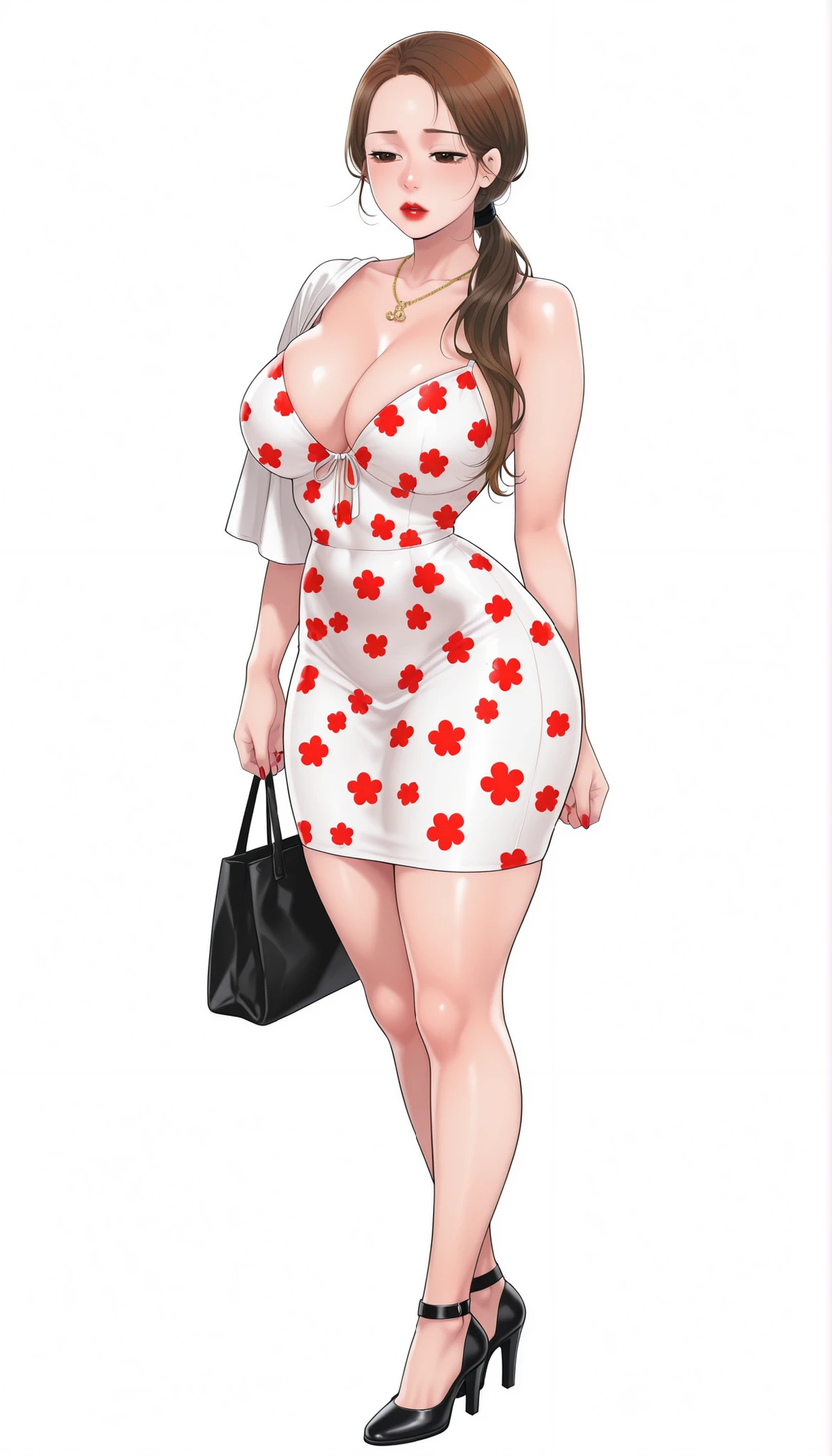 Yumi (New Town), a beautiful extremely sexy woman with long glowy sleek forehead-parted honey-brown hair, big deep-brown eyes, bimbo plump round red lips, bright red nails, extremely fair white glowy skin, a cinched small tight narrow waist, an hourglass figure, big breasts, a small tight cinched waist, and a sexy voluptuous-curvy body. She's wearing a revealing mini short tight white dress with red flower patterns and spaghetti straps and a V-neckline, one dangling ribbon tied in her hair, a gold necklace, full bare legs, and strappy tall black heels. She's standing straight, one strappy tote bag on one shoulder, narrowed eyes, subtle sad expression, and a plain white empty background. Show her full body head to heels, proper middle-waist level view, SOLO, and super creative hyper-detailed.