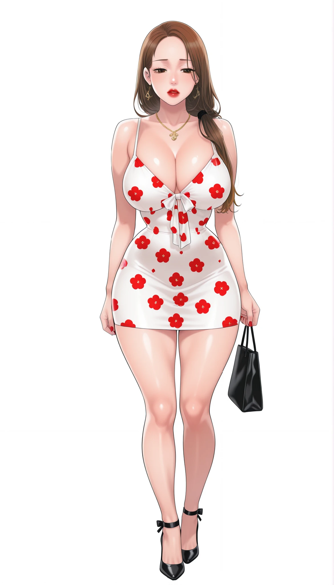 Yumi (New Town), a beautiful extremely sexy woman with long glowy sleek forehead-parted honey-brown hair, big deep-brown eyes, bimbo plump round red lips, bright red nails, extremely fair white glowy skin, a cinched small tight narrow waist, an hourglass figure, big breasts, a small tight cinched waist, and a sexy voluptuous-curvy body. She's wearing a revealing mini short tight white dress with red flower patterns and spaghetti straps and a V-neckline, one dangling ribbon tied in her hair, a gold necklace, full bare legs, and strappy tall black heels. She's standing straight, one strappy tote bag on one shoulder, narrowed eyes, subtle sad expression, and a plain white empty background. Show her full body head to heels, proper middle-waist level view, SOLO, and super creative hyper-detailed.