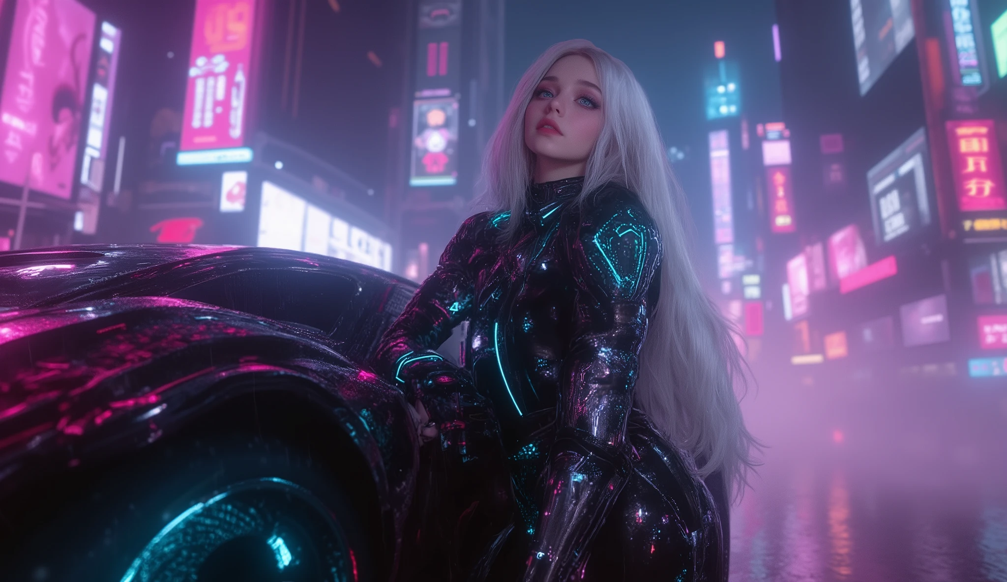 
(Masterpiece), (best quality), ultra-detailed, photorealistic, 8K resolution, cinematic daylight and neon atmosphere

A full-body hyperrealistic cyberpunk portrait of a stunning young gothic woman in a sleek black latex , standing in a dramatic pose beneath glowing neon billboards. She leans casually against a futuristic armored hovercar in the heart of a rain-soaked megacity at night.

Her right arm is a fully articulated chrome cybernetic limb, with glowing data lines pulsing through transparent panels. Long, silky platinum hair with neon streaks flows slightly in the wind, framing a flawless face with icy-blue eyes and a confident smirk. Her outfit gleams under the reflections of the wet streets, accentuating her athletic feminine form.

Behind her, towering skyscrapers fade into mist, filled with holographic ads, flying cars, and shifting pink, cyan, and violet neon light. The hovercar’s surface is covered in luminous circuit patterns and kinetic armor plating, softly glowing with power. A faint holographic HUD projects from her cyber-arm, casting a cyan glow across her face.

The atmosphere is cinematic and moody: heavy rain, reflective puddles, drifting steam, shimmering neon shadows. Hyperdetailed textures, atmospheric depth of field, bokeh effects, perfect , trending on ArtStation, Unreal Engine rendering, ultra photorealistic cyberpunk concept art.